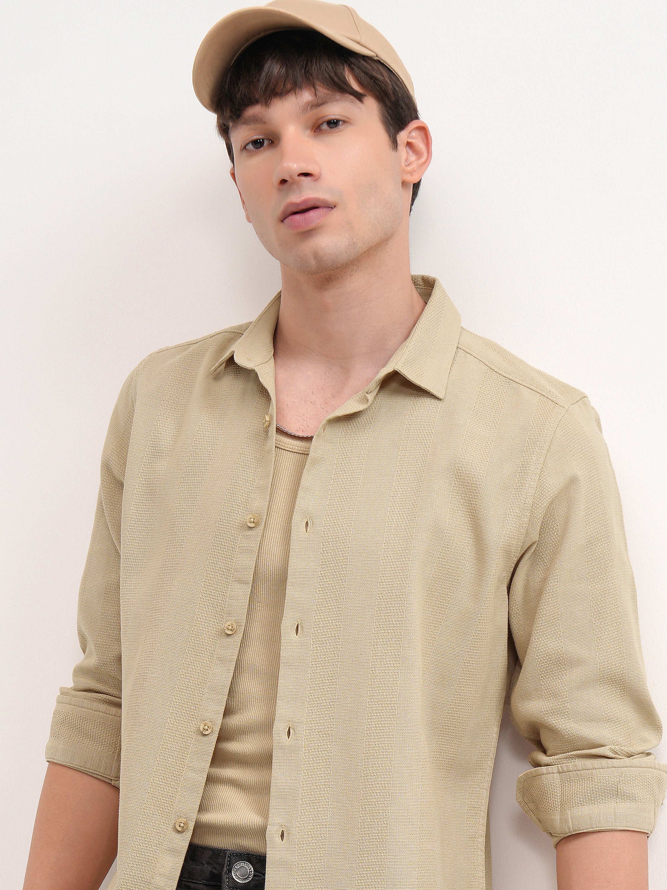 Highlander Men Beige Solid Slim Fit Casual Shirt - Beige - Image 1