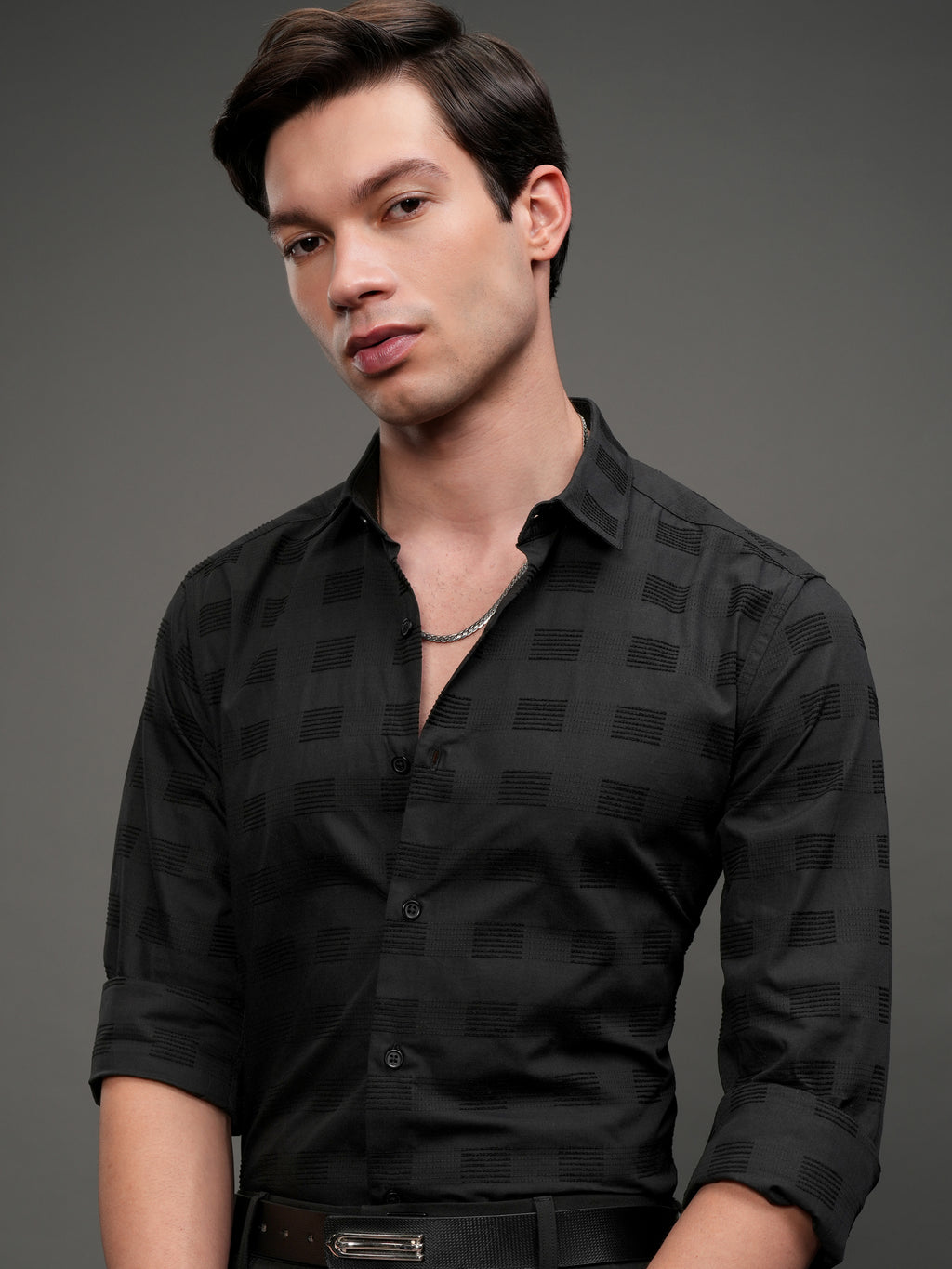 Highlander Men Black Self Design Slim Fit Casual Shirt - Black - Image 1