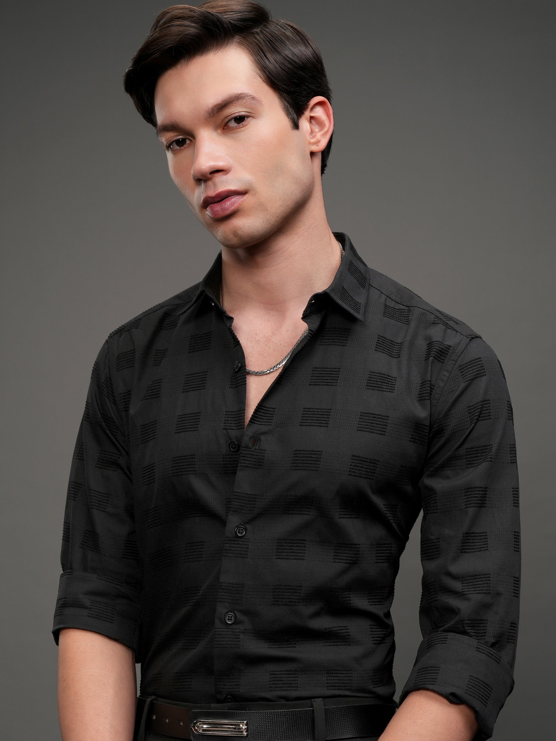 Highlander Men Black Self Design Slim Fit Casual Shirt - Black - Image 1