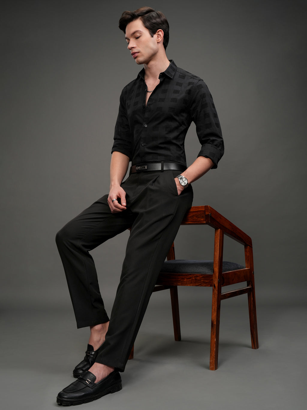Highlander Men Black Self Design Slim Fit Casual Shirt - Black - Image 2