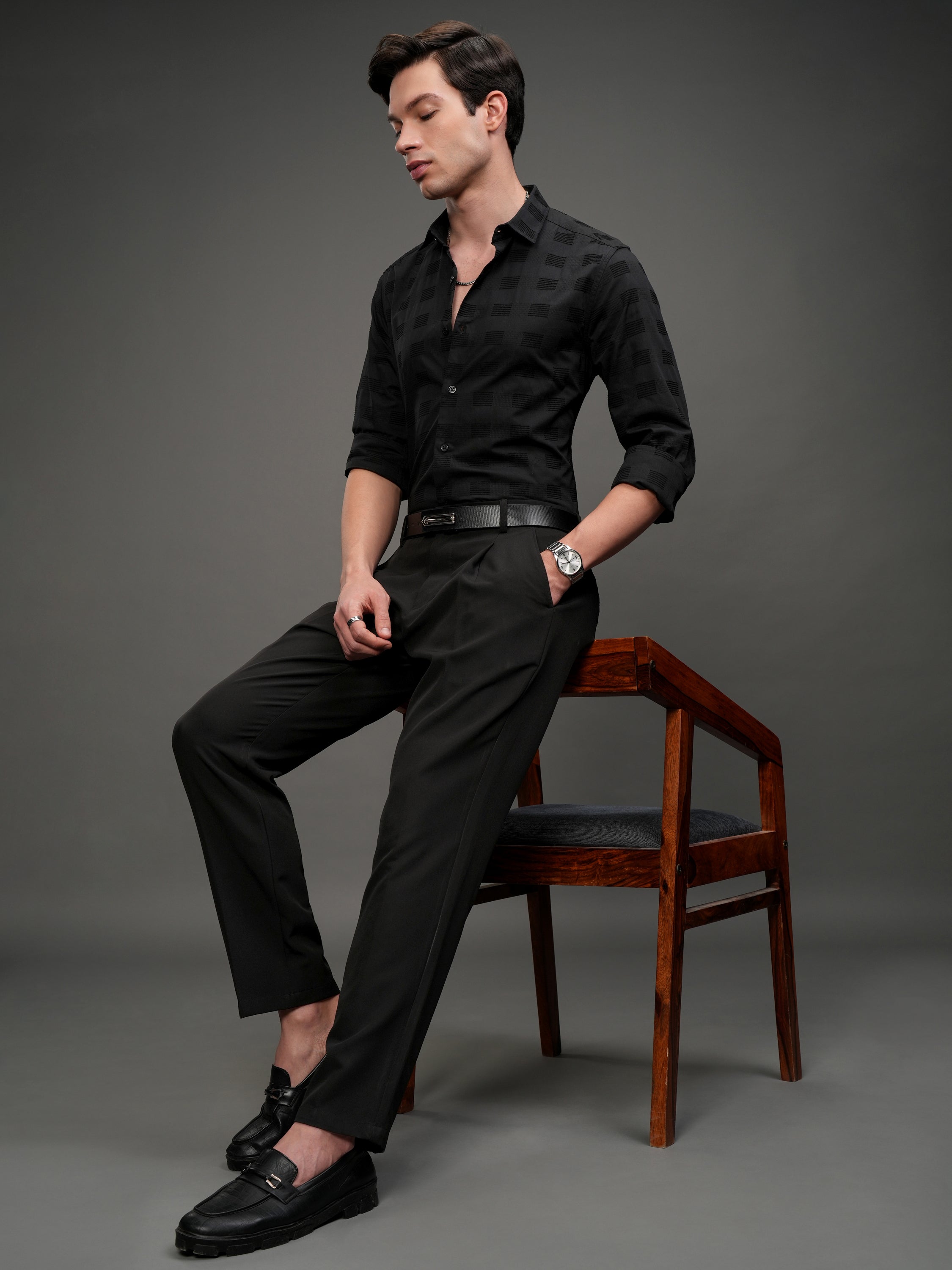 Highlander Men Black Self Design Slim Fit Casual Shirt - Black - Image 2