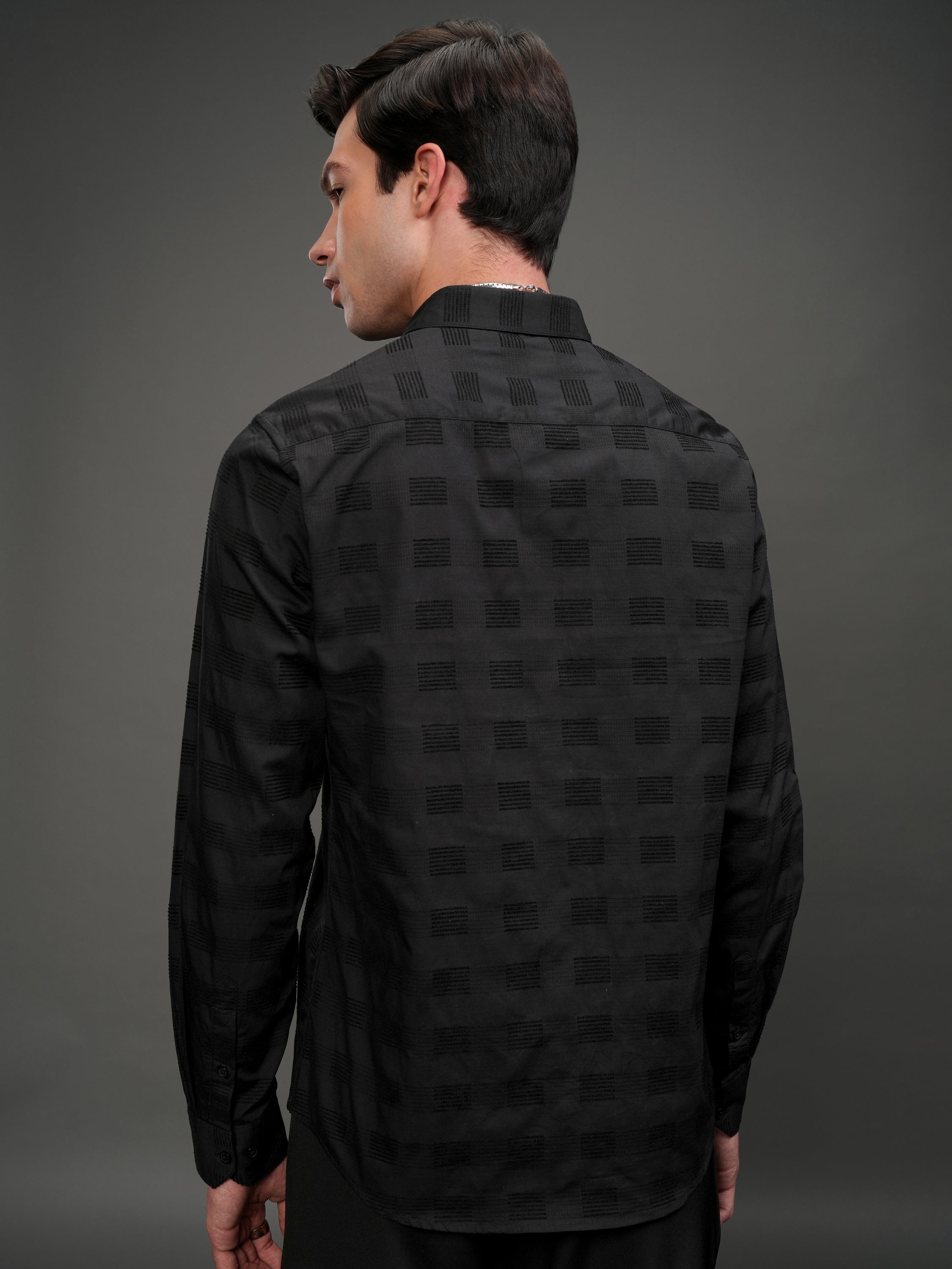 Highlander Men Black Self Design Slim Fit Casual Shirt - Black - Image 3