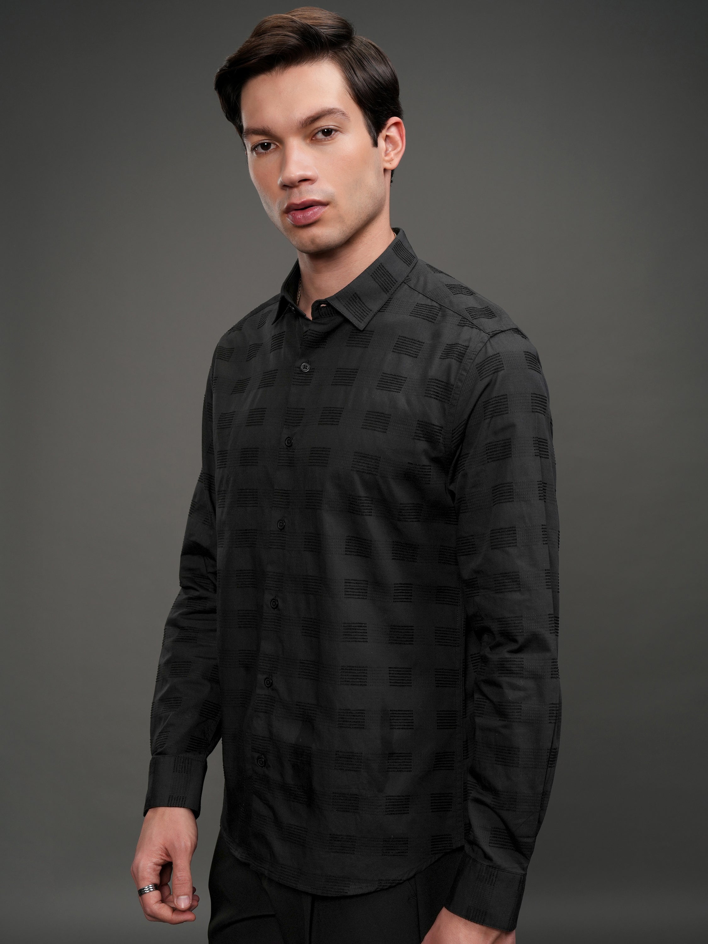 Highlander Men Black Self Design Slim Fit Casual Shirt - Black - Image 4
