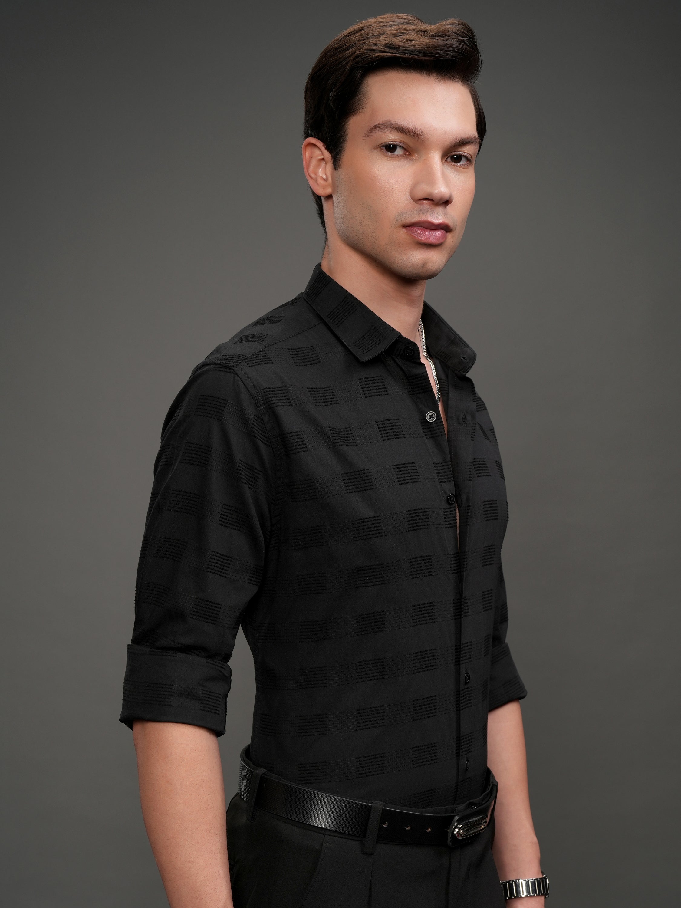 Highlander Men Black Self Design Slim Fit Casual Shirt - Black - Image 6