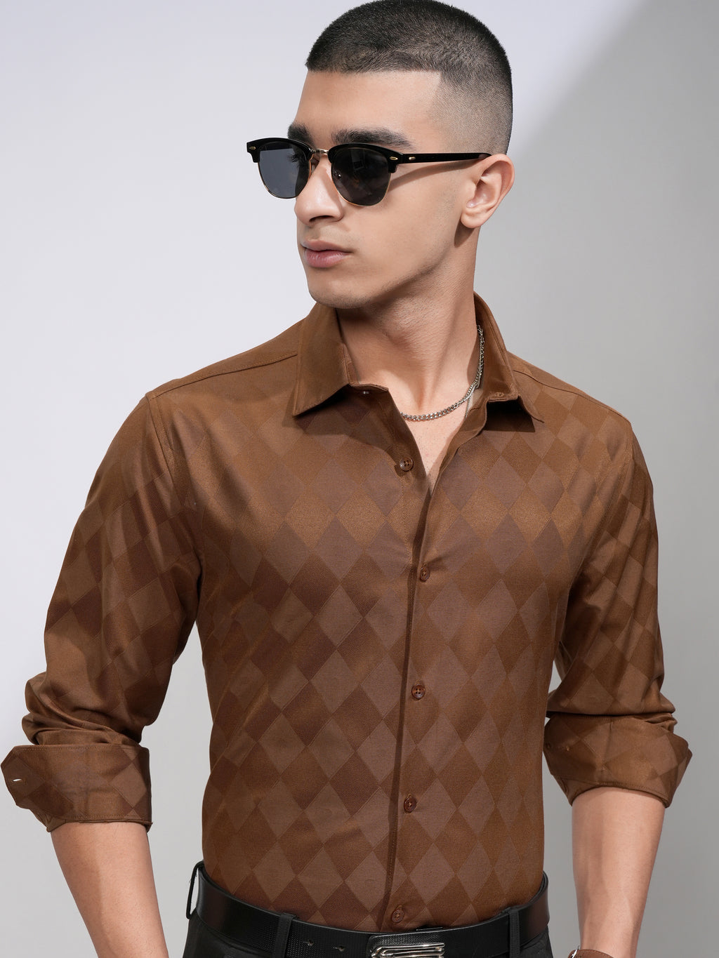 Highlander Men Brown Self Design Slim Fit Casual Shirt - Brown - Image 1