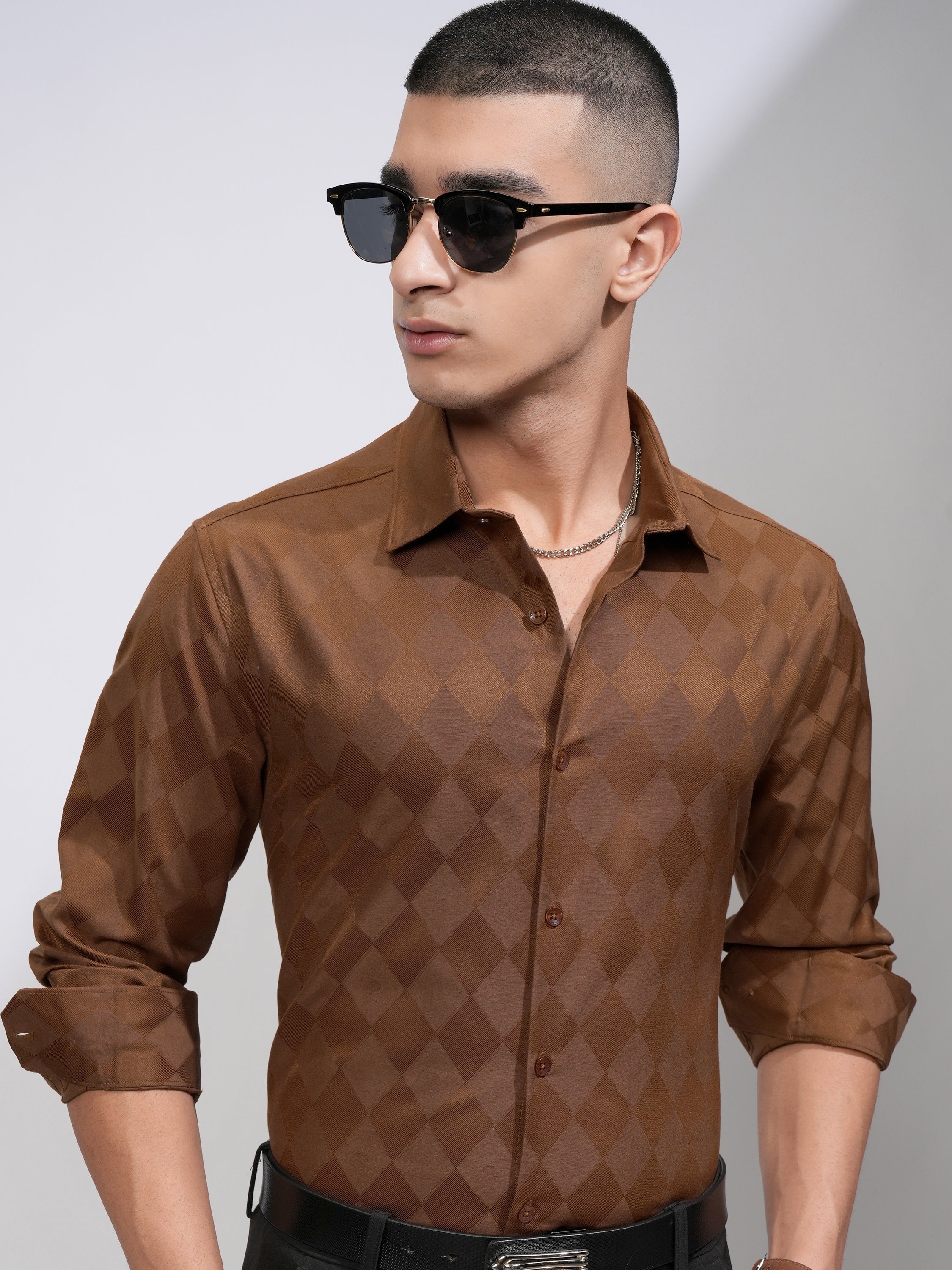 Highlander Men Brown Self Design Slim Fit Casual Shirt - Brown - Image 1