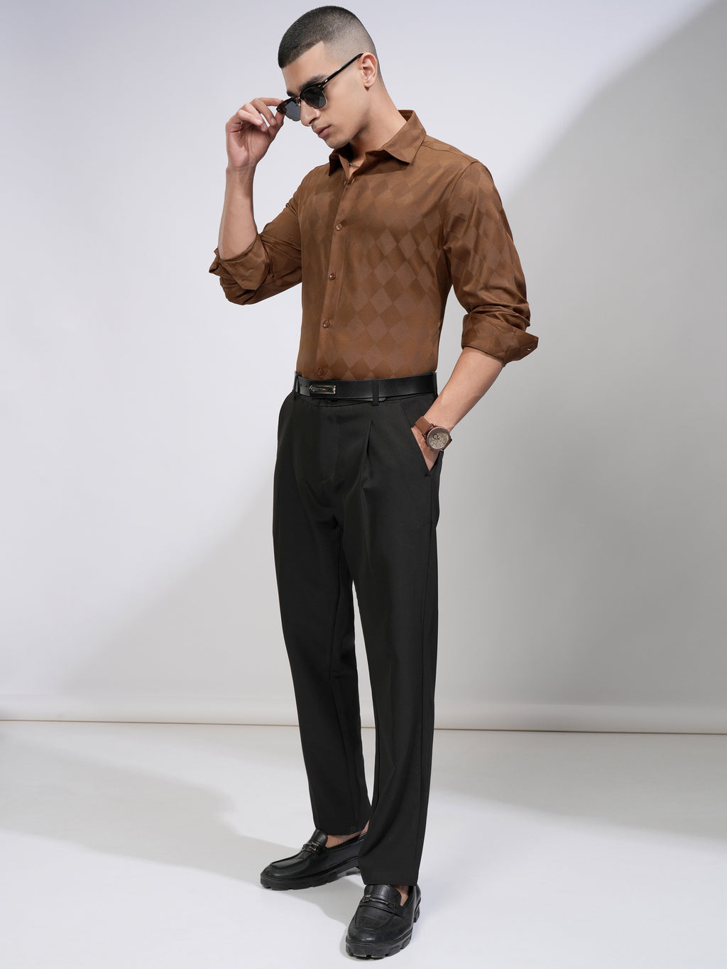 Highlander Men Brown Self Design Slim Fit Casual Shirt - Brown - Image 2