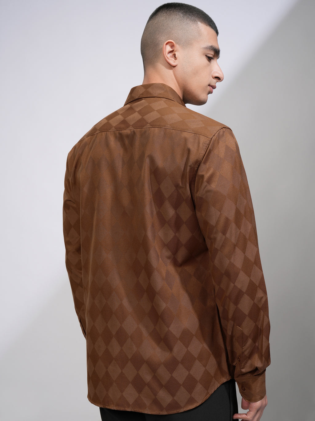 Highlander Men Brown Self Design Slim Fit Casual Shirt - Brown - Image 3