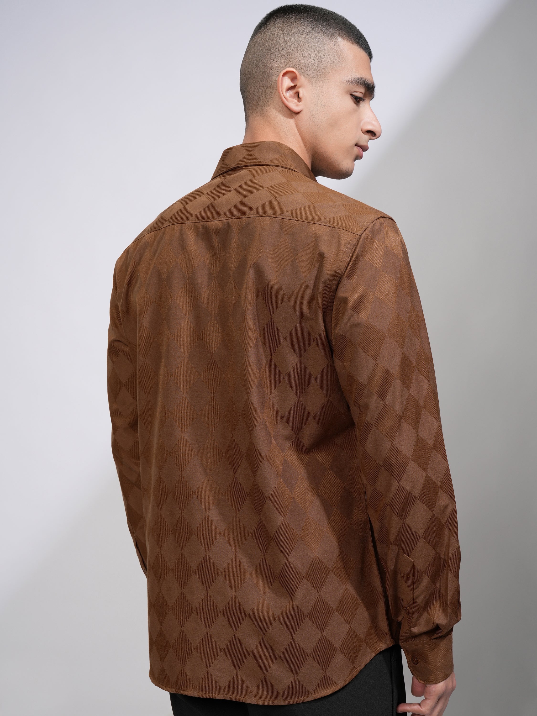 Highlander Men Brown Self Design Slim Fit Casual Shirt - Brown - Image 3