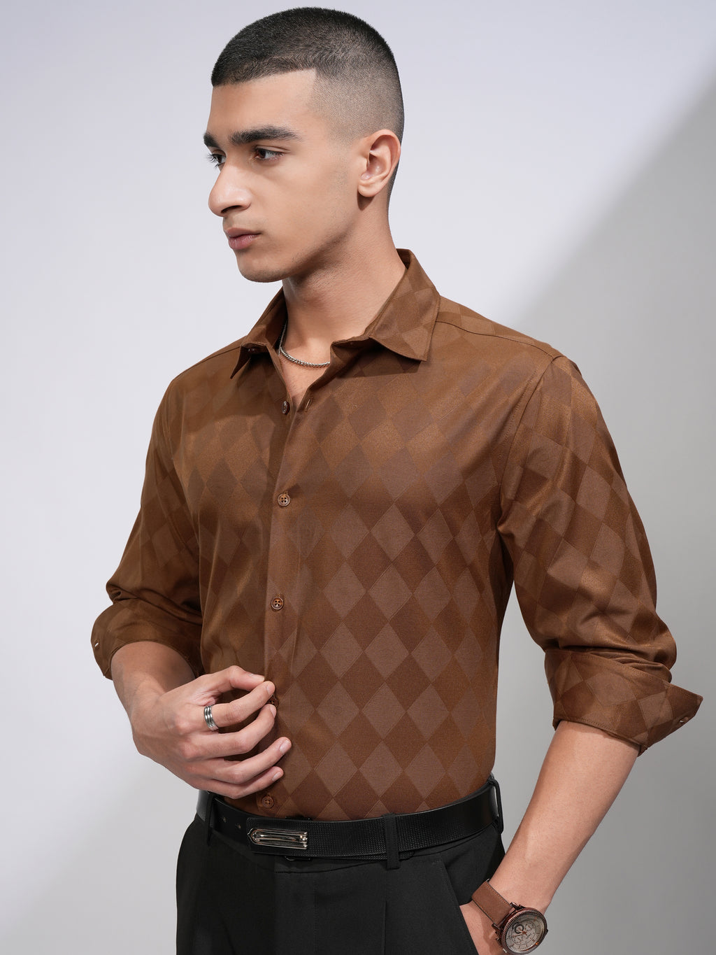 Highlander Men Brown Self Design Slim Fit Casual Shirt - Brown - Image 4