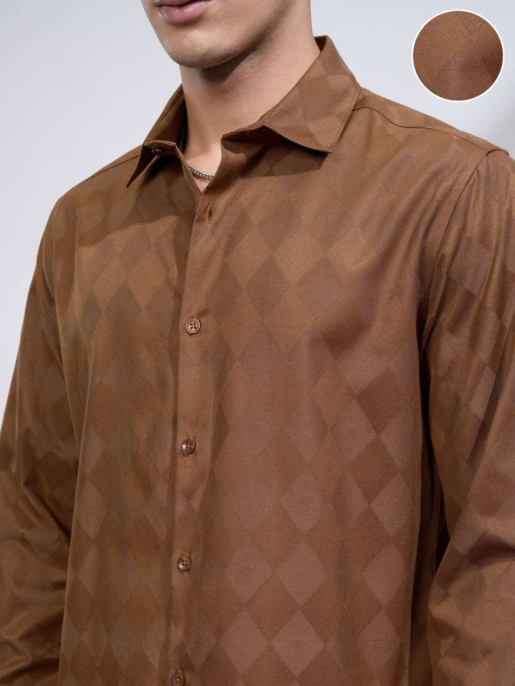 Highlander Men Brown Self Design Slim Fit Casual Shirt - Brown - Image 5