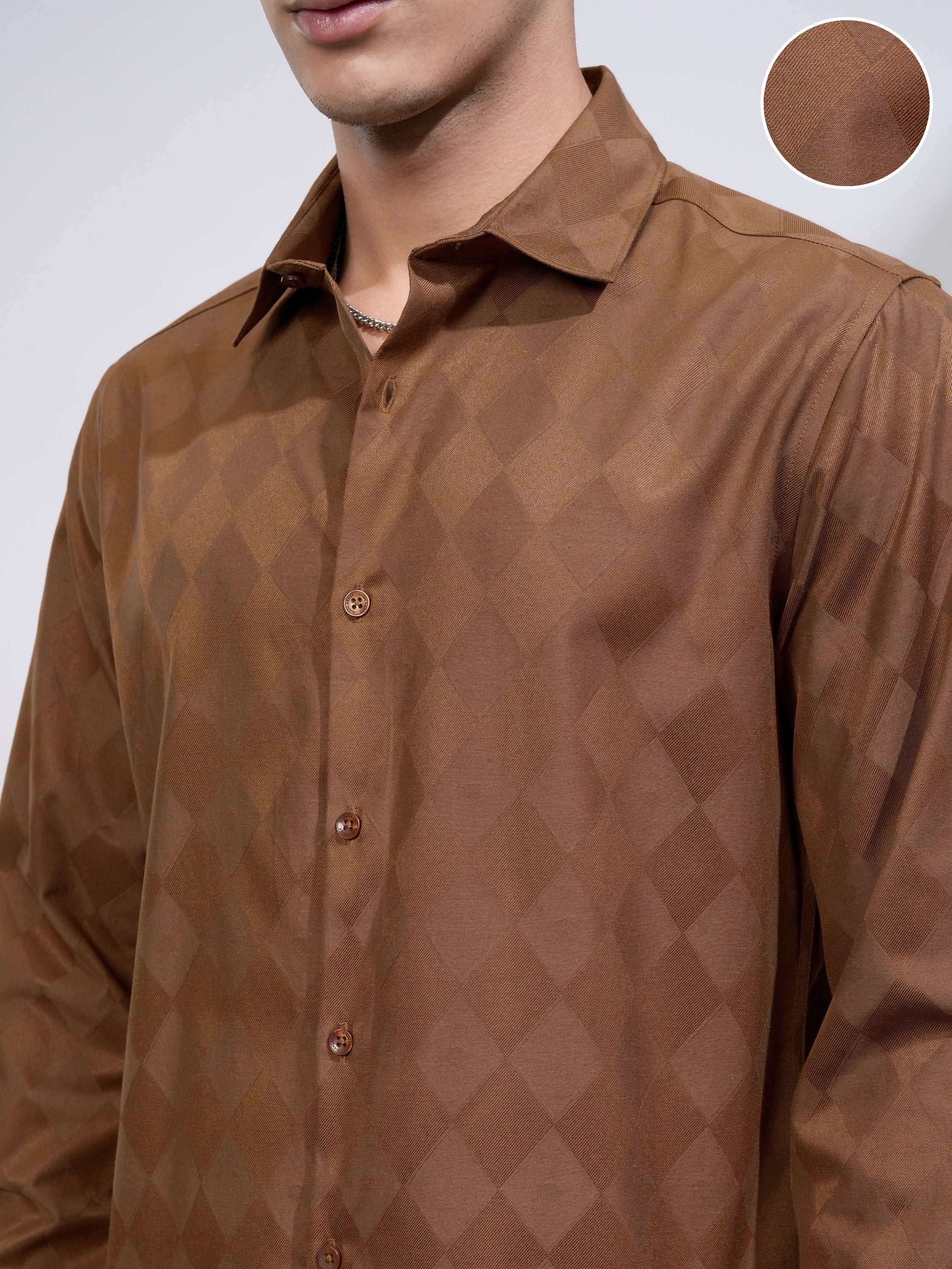 Highlander Men Brown Self Design Slim Fit Casual Shirt - Brown - Image 5