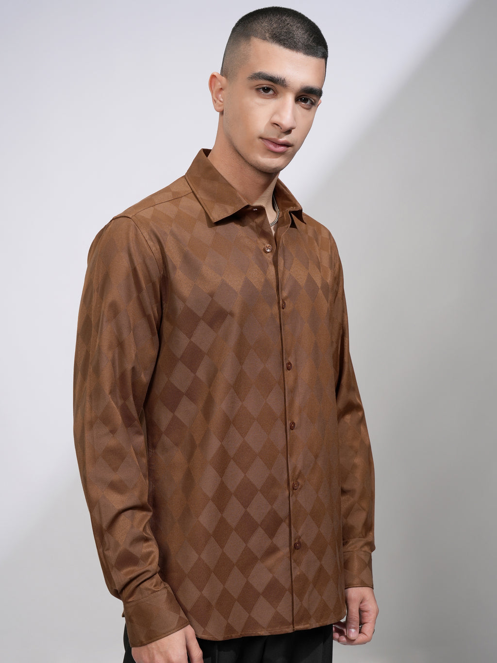 Highlander Men Brown Self Design Slim Fit Casual Shirt - Brown - Image 6
