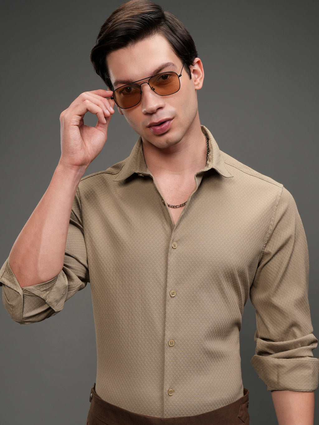 Highlander Men Beige Textured Slim Fit Casual Shirt - Beige - Image 1
