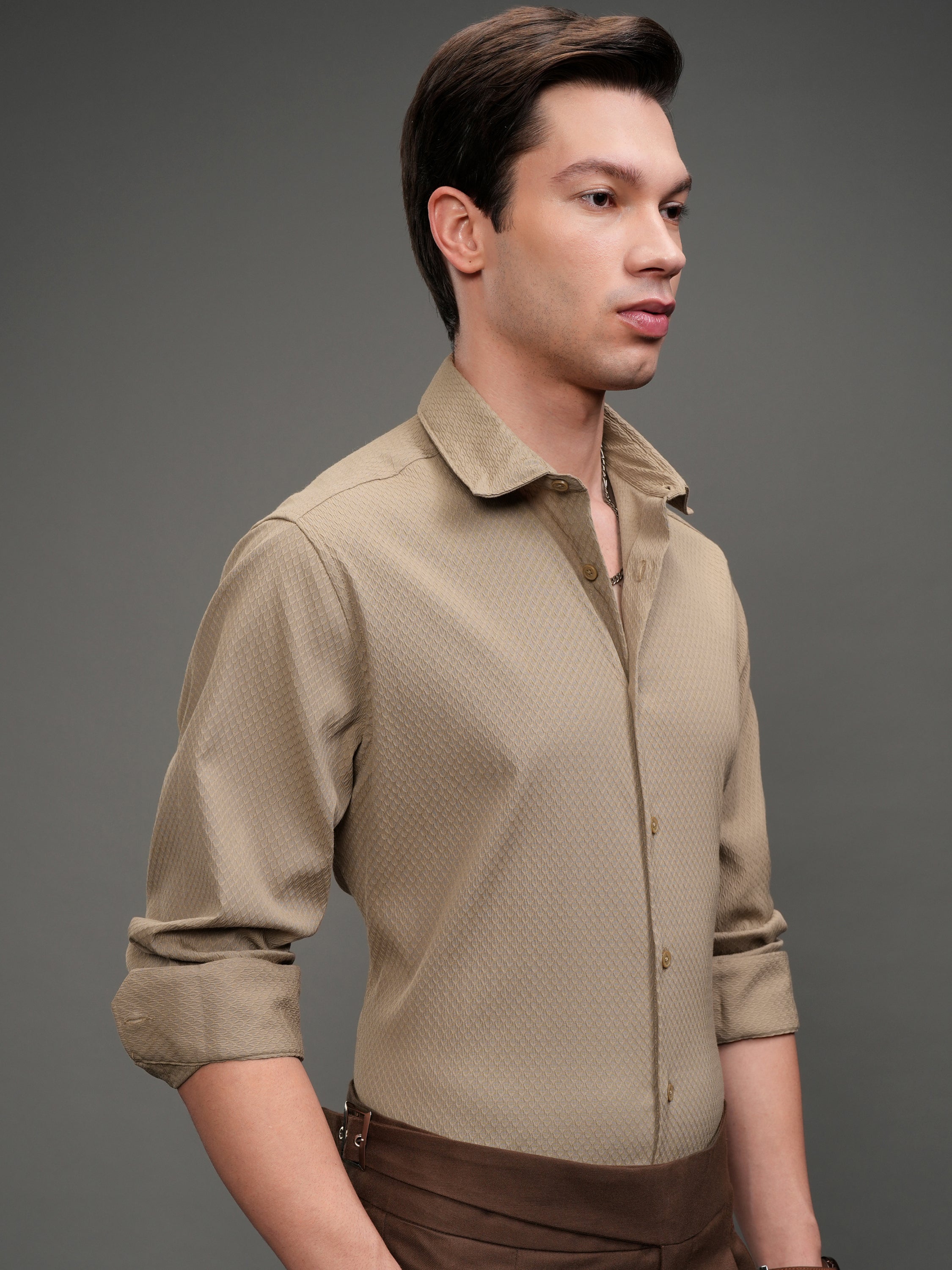 Highlander Men Beige Textured Slim Fit Casual Shirt - Beige - Image 6