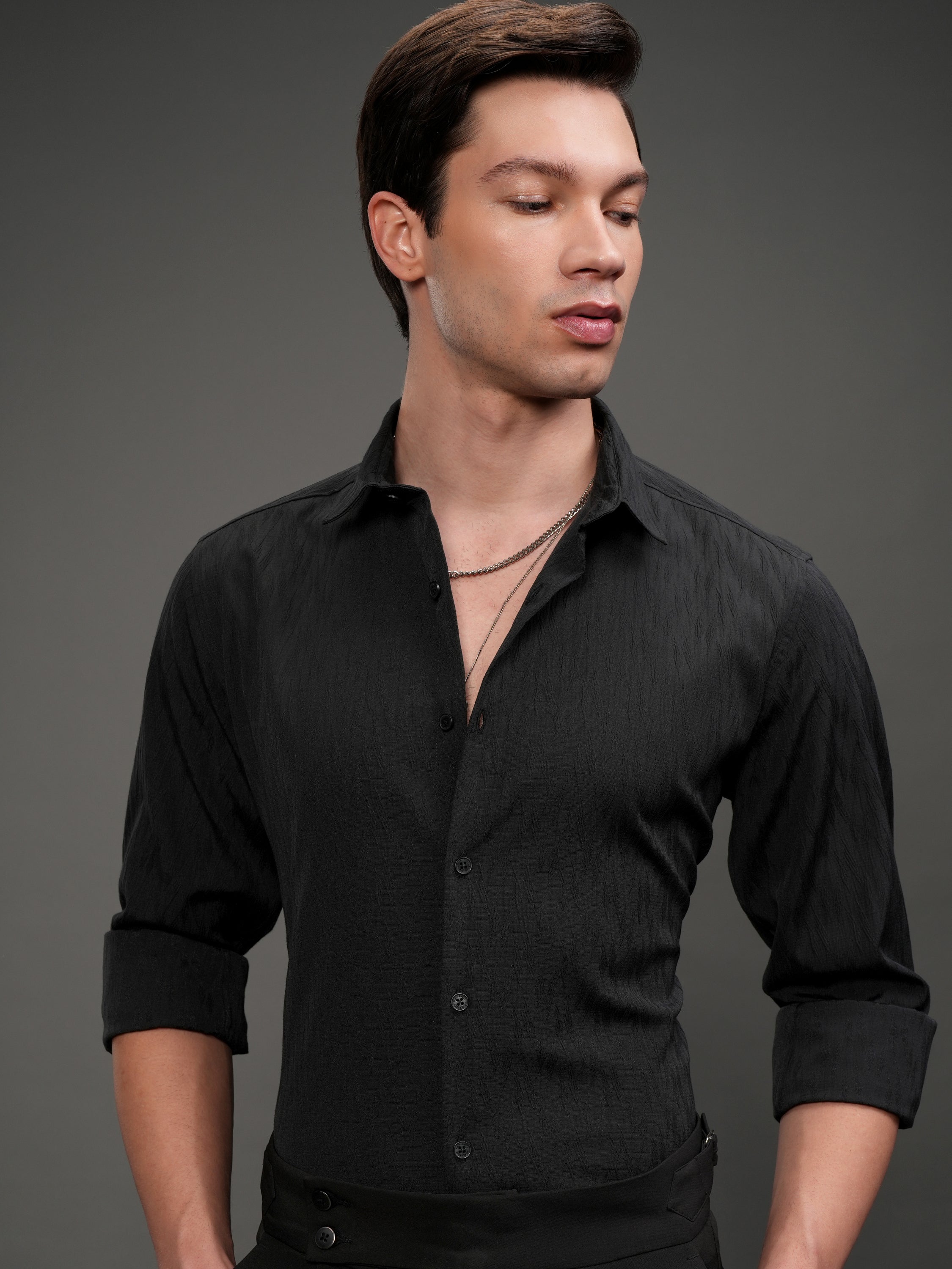 Highlander Men Black Self Design Slim Fit Casual Shirt - Black - Image 1