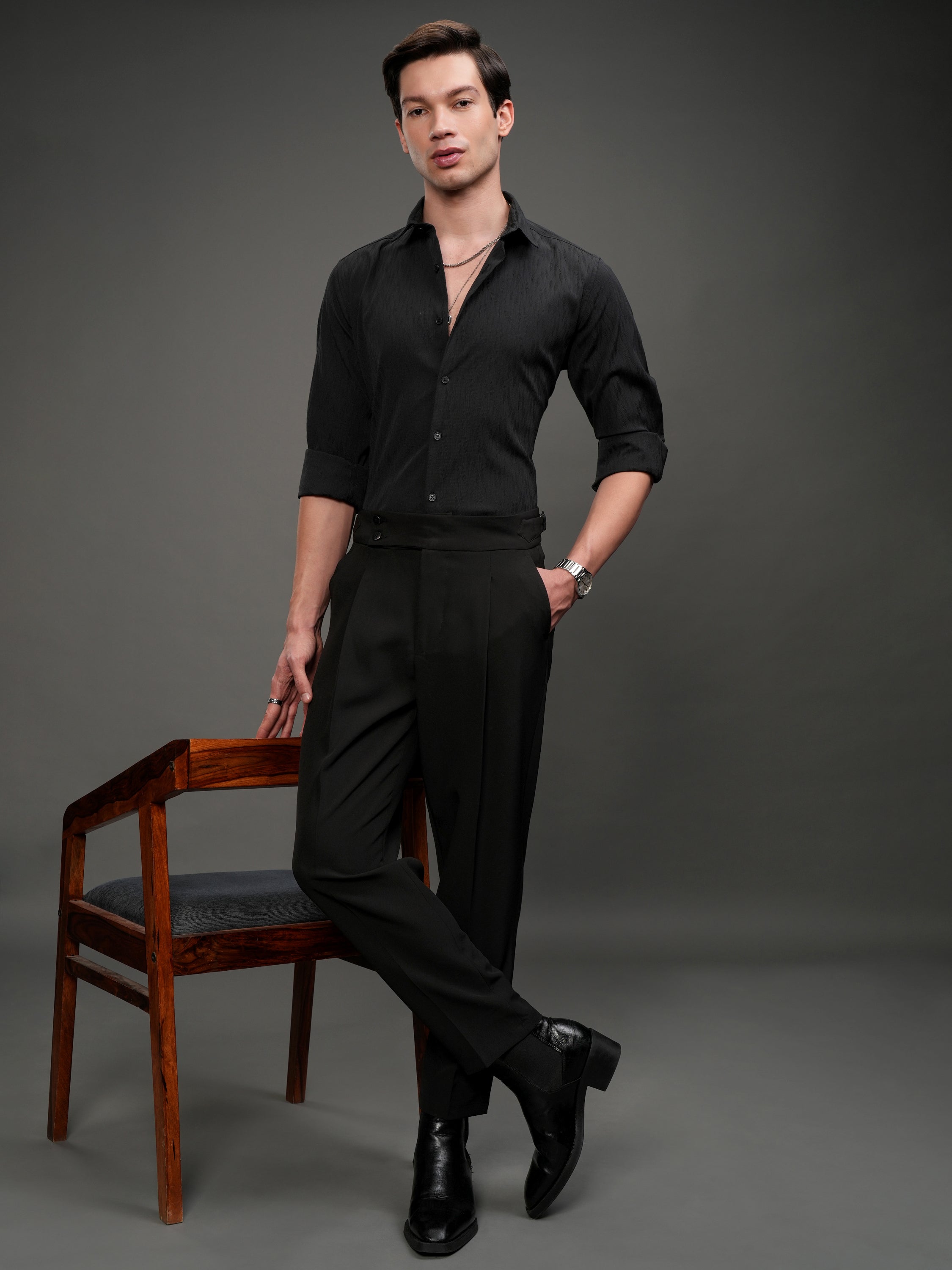 Highlander Men Black Self Design Slim Fit Casual Shirt - Black - Image 2