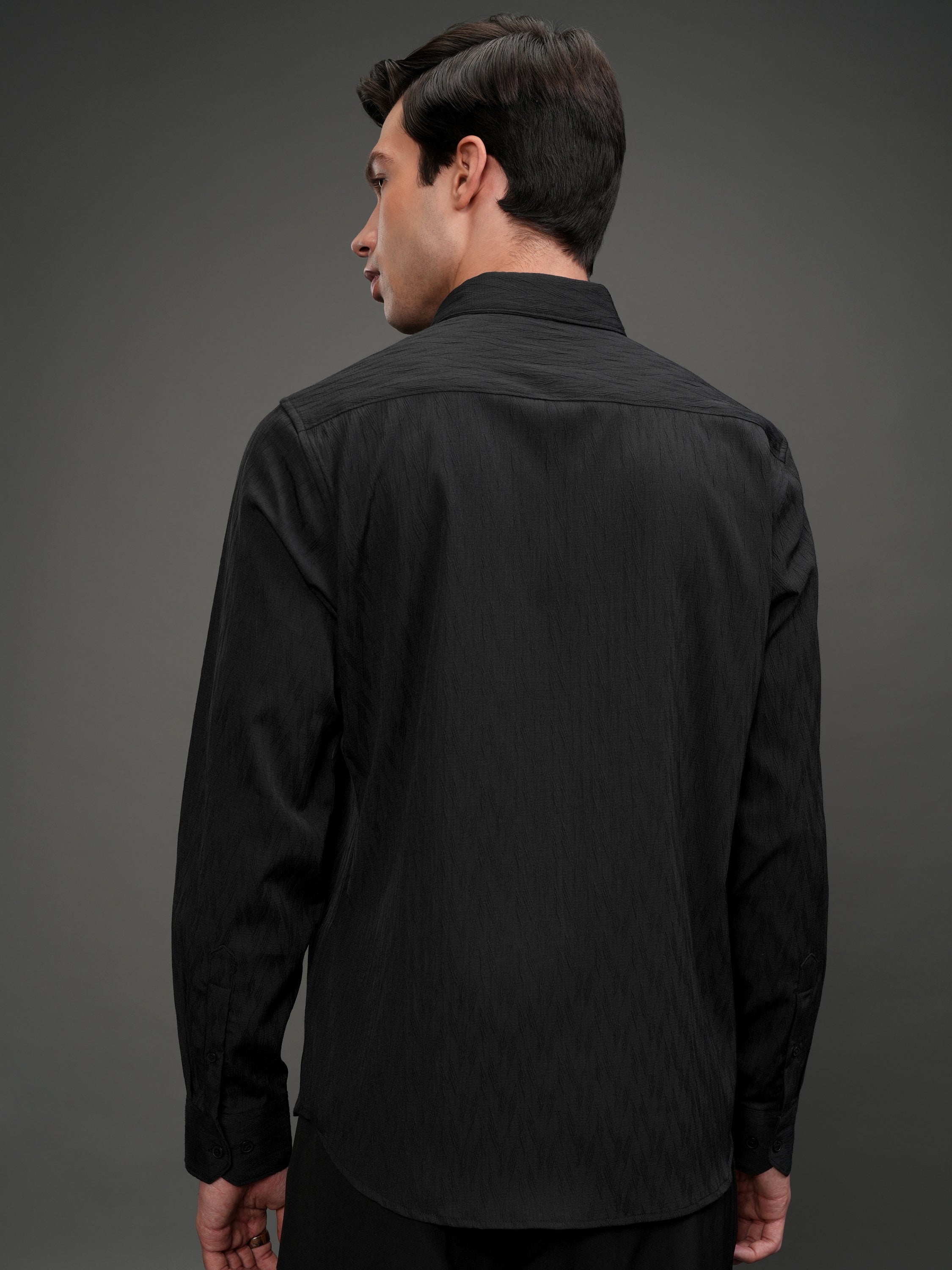 Highlander Men Black Self Design Slim Fit Casual Shirt - Black - Image 3
