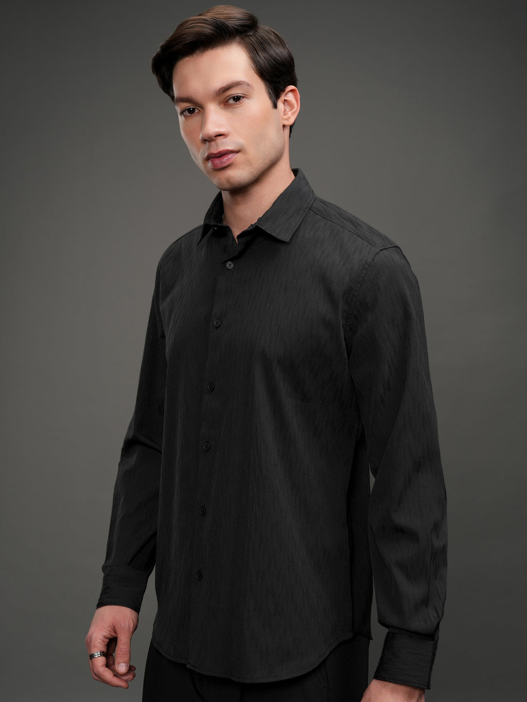 Highlander Men Black Self Design Slim Fit Casual Shirt - Black - Image 4