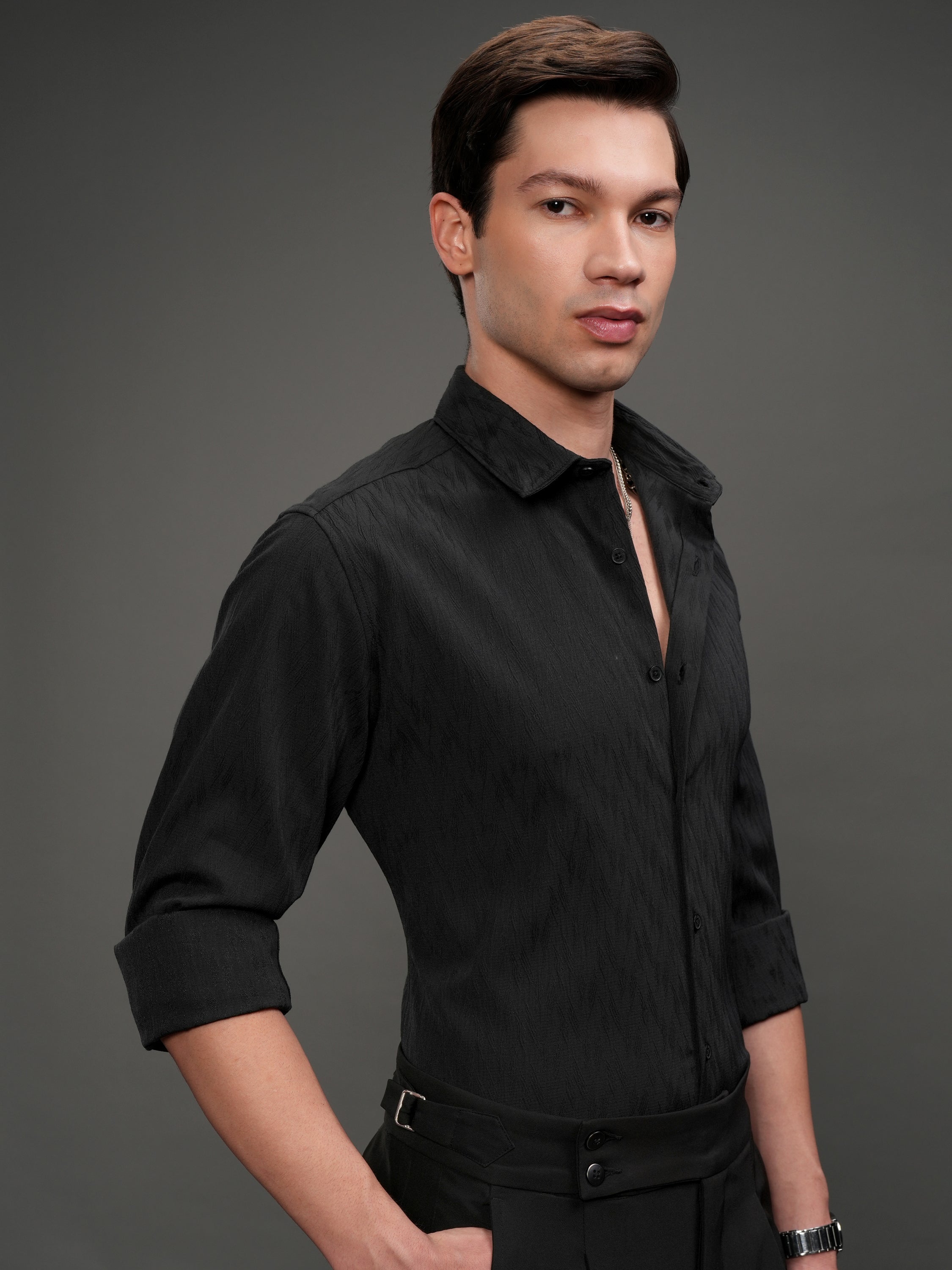 Highlander Men Black Self Design Slim Fit Casual Shirt - Black - Image 6