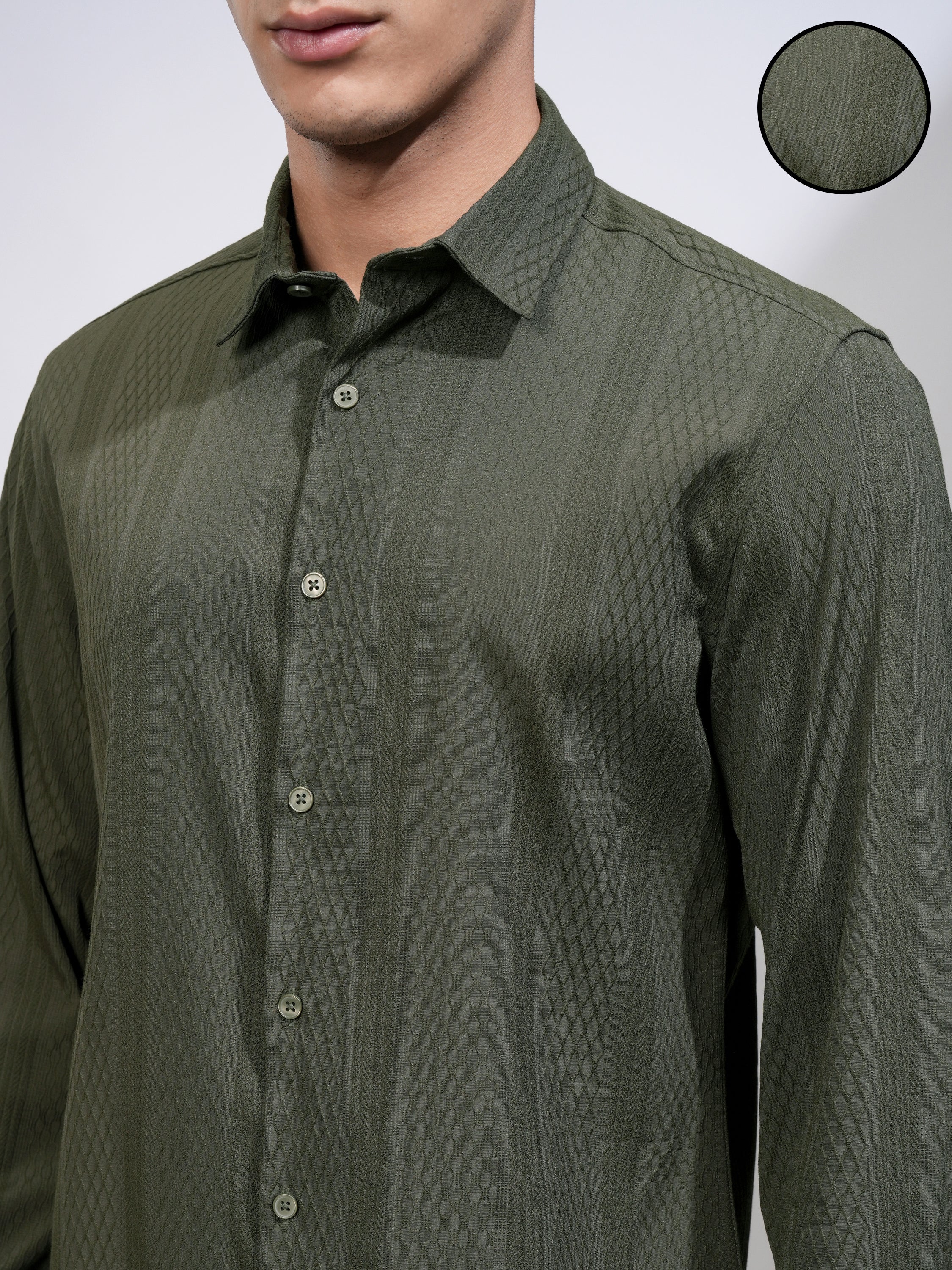 Highlander Men Green Textured Slim Fit Casual Shirt - Green - Image 5