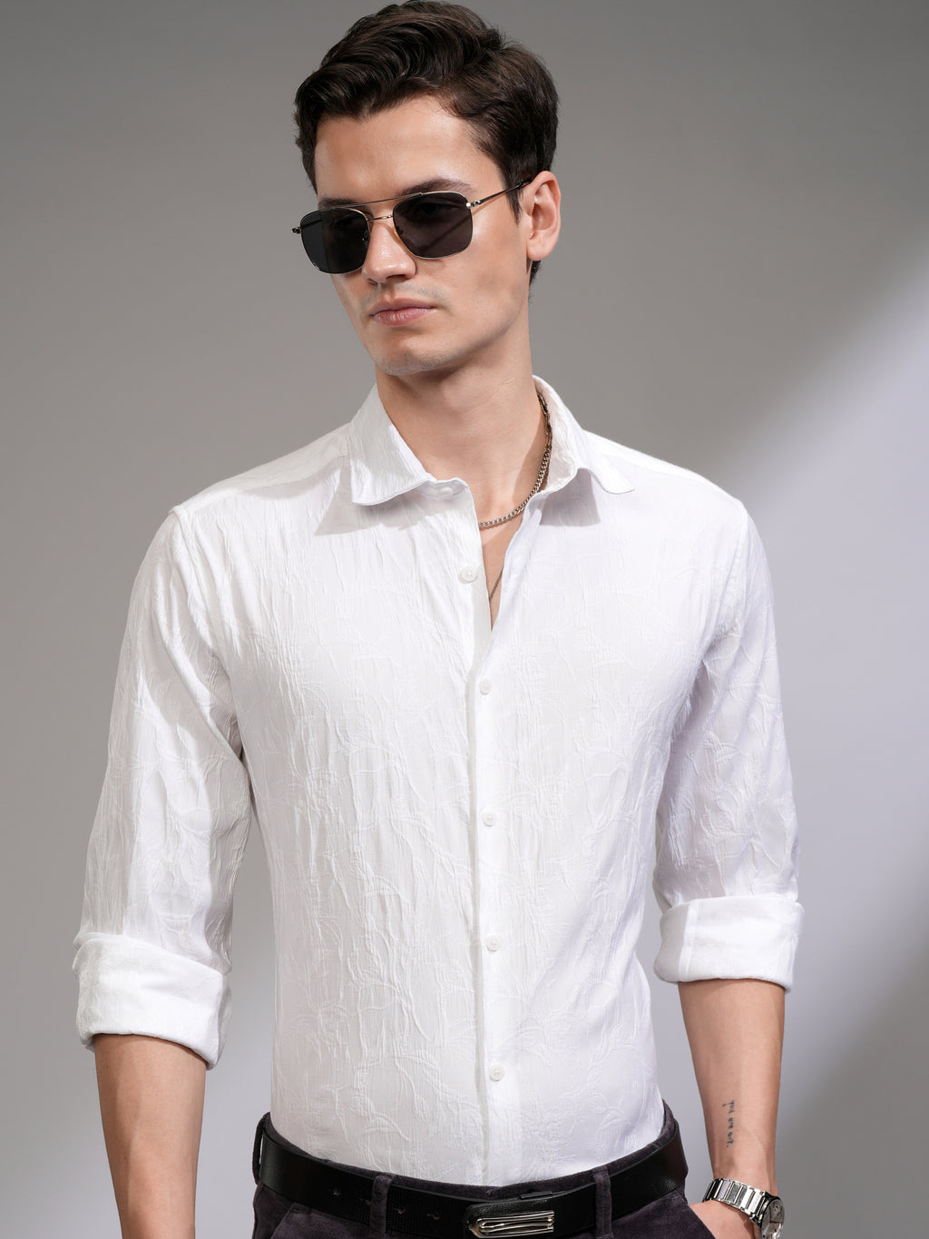 Highlander Men White Textured Relaxed Fit Casual Shirt - White - Image 1