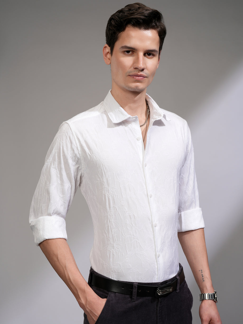 Highlander Men White Textured Relaxed Fit Casual Shirt - White - Image 6