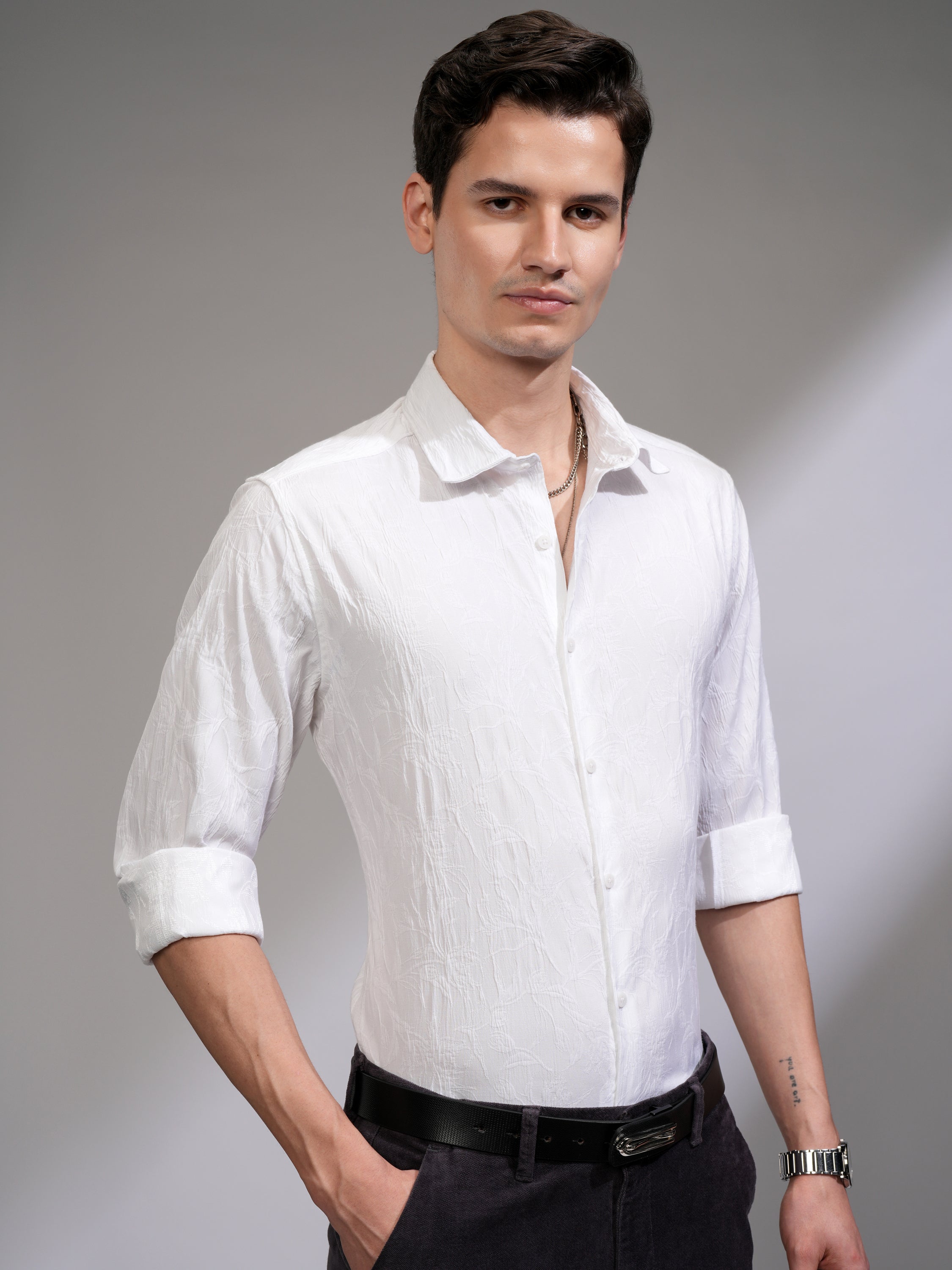Highlander Men White Textured Relaxed Fit Casual Shirt - White - Image 6