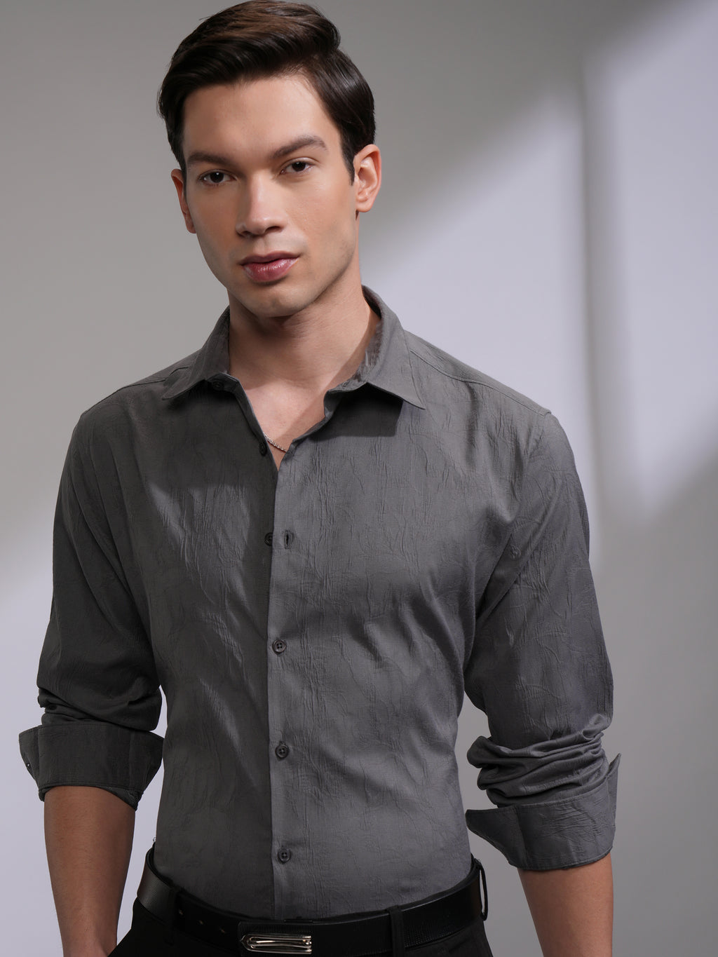 Highlander Men Grey Self Design Slim Fit Casual Shirt - Grey - Image 1