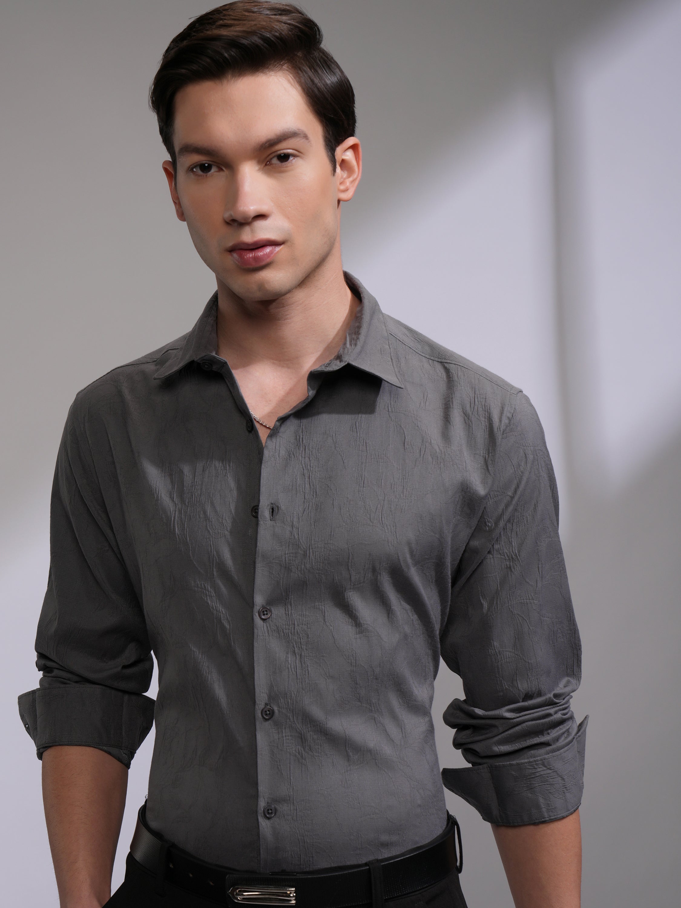 Highlander Men Grey Self Design Slim Fit Casual Shirt - Grey - Image 1