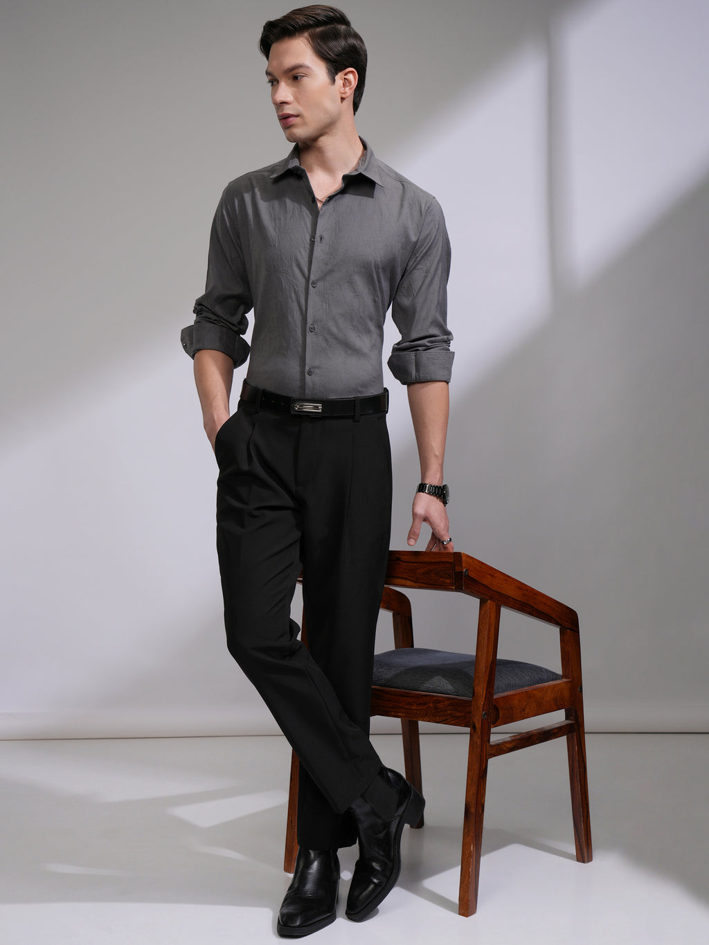 Highlander Men Grey Self Design Slim Fit Casual Shirt - Grey - Image 2