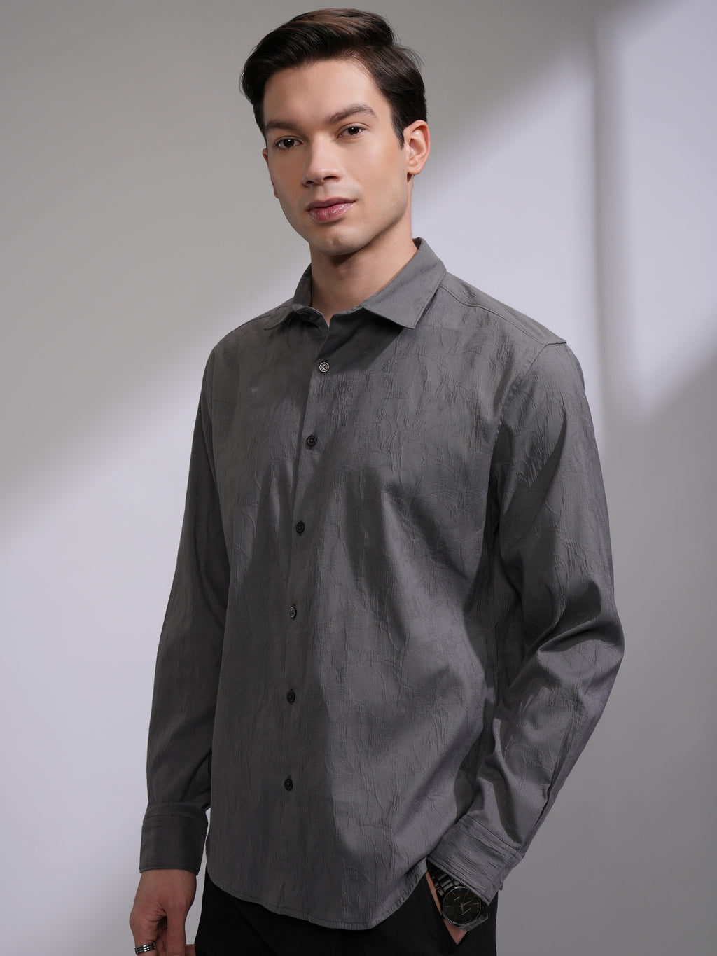 Highlander Men Grey Self Design Slim Fit Casual Shirt - Grey - Image 4