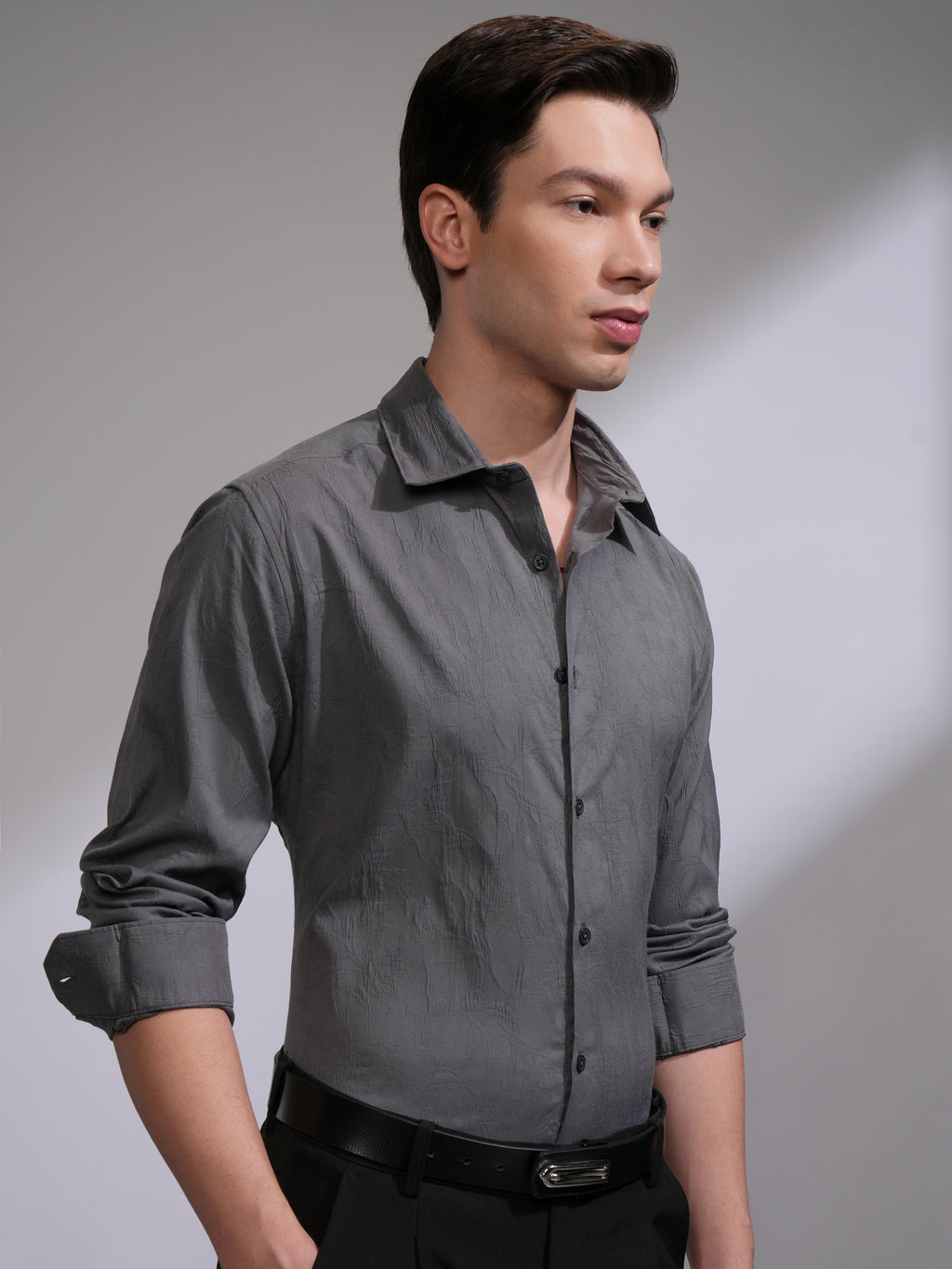 Highlander Men Grey Self Design Slim Fit Casual Shirt - Grey - Image 6