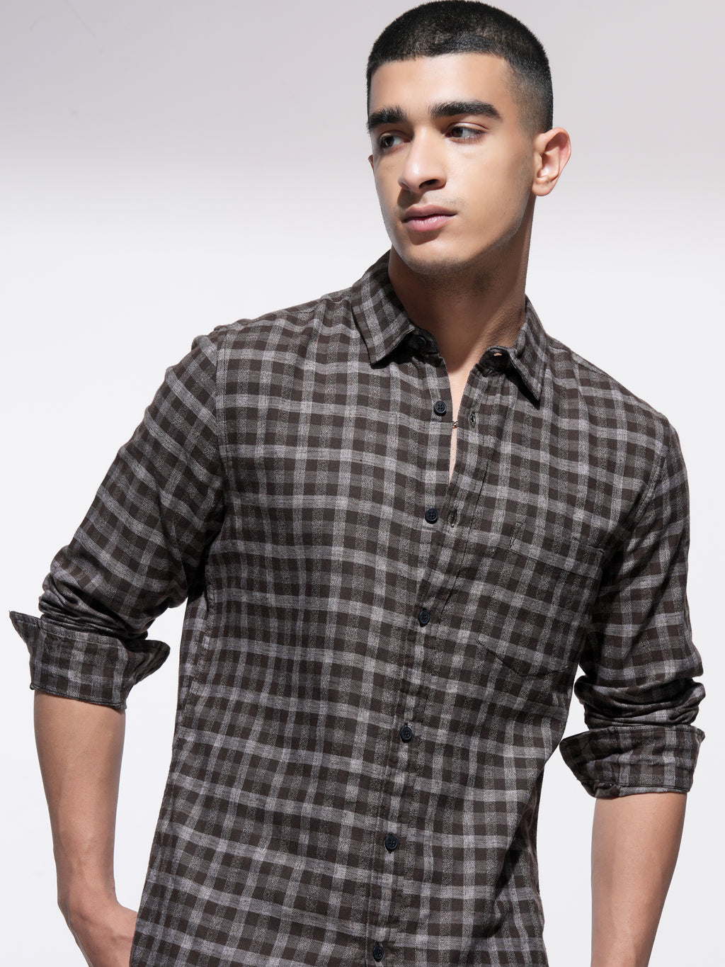 Highlander Men Coffee Brown Checked Slim Fit Casual Shirt - Coffee Brown - Image 1