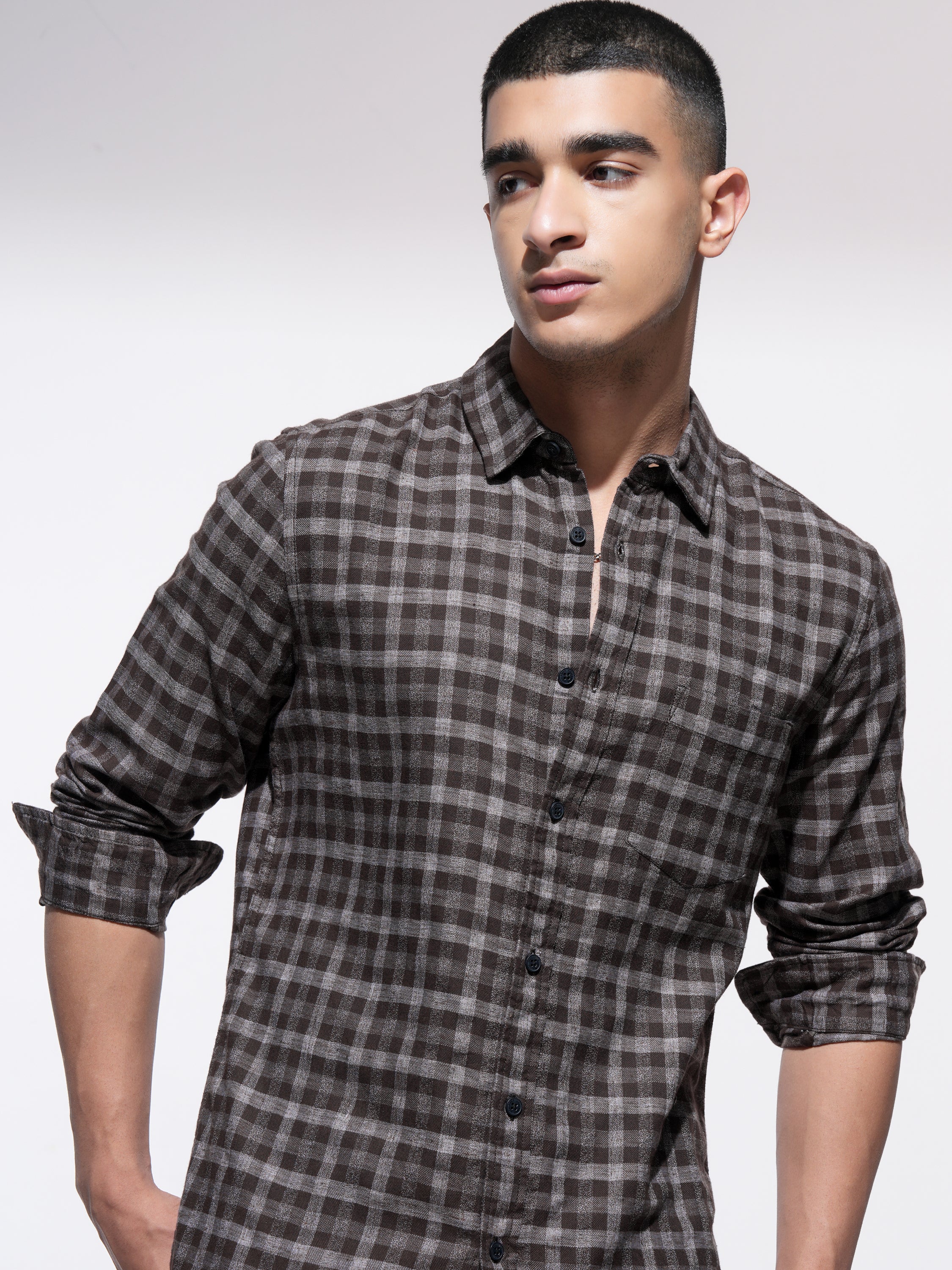 Highlander Men Coffee Brown Checked Slim Fit Casual Shirt - Coffee Brown - Image 1