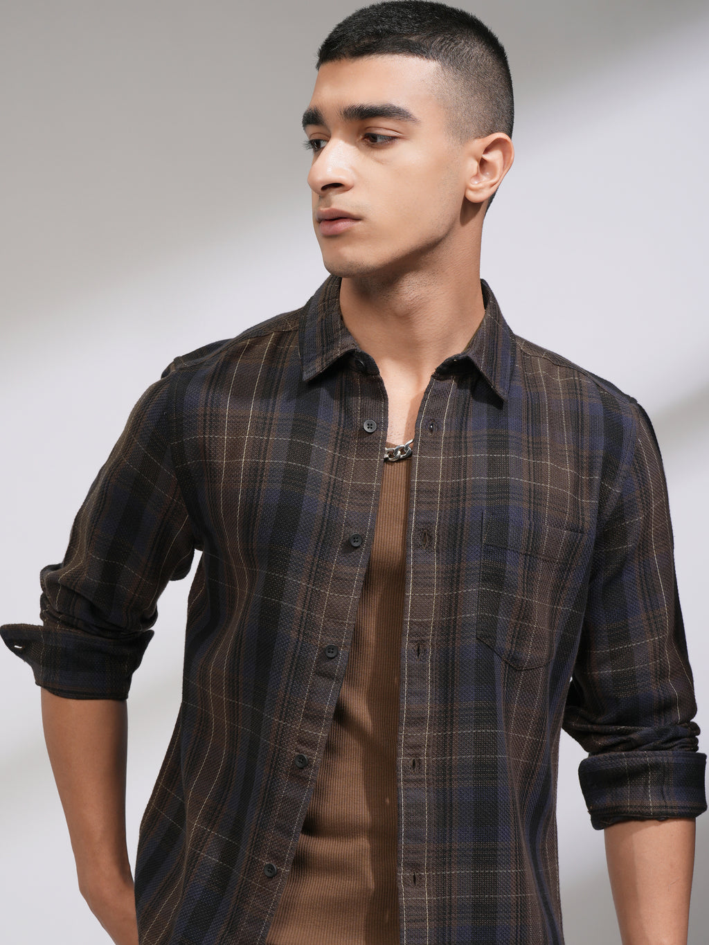 Highlander Men Brown Checked Slim Fit Casual Shirt - Brown - Image 1