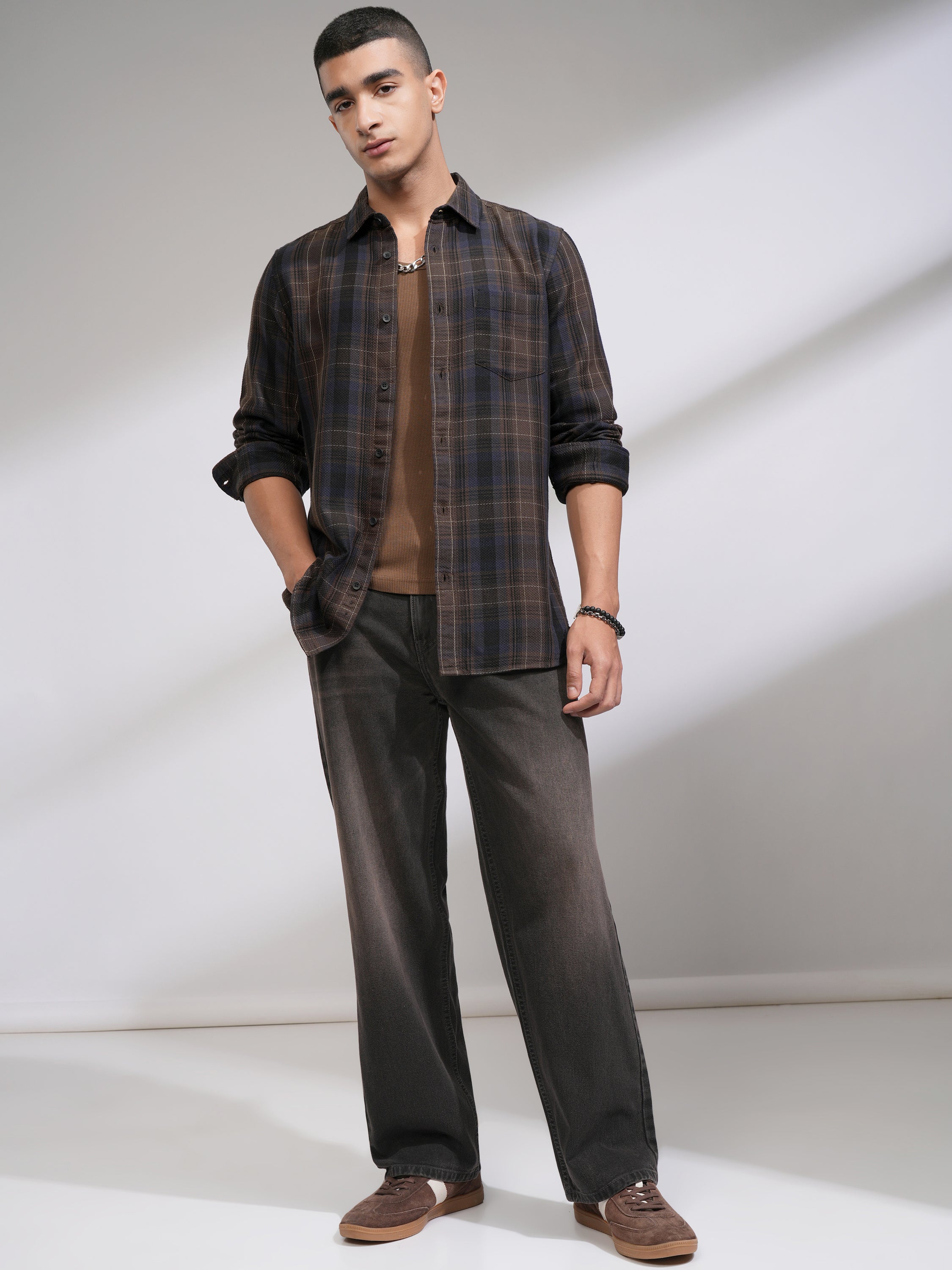 Highlander Men Brown Checked Slim Fit Casual Shirt - Brown - Image 2