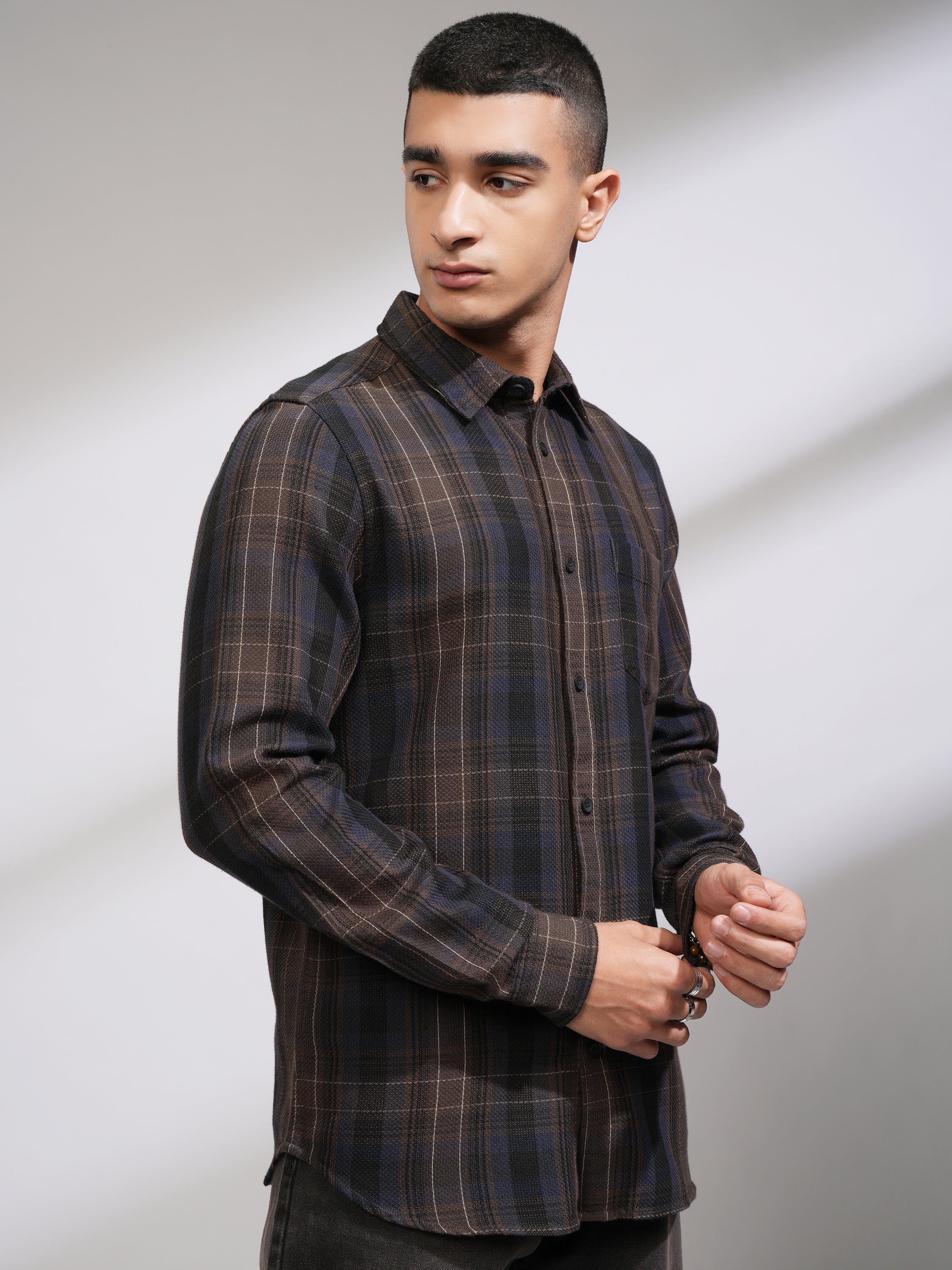 Highlander Men Brown Checked Slim Fit Casual Shirt - Brown - Image 6