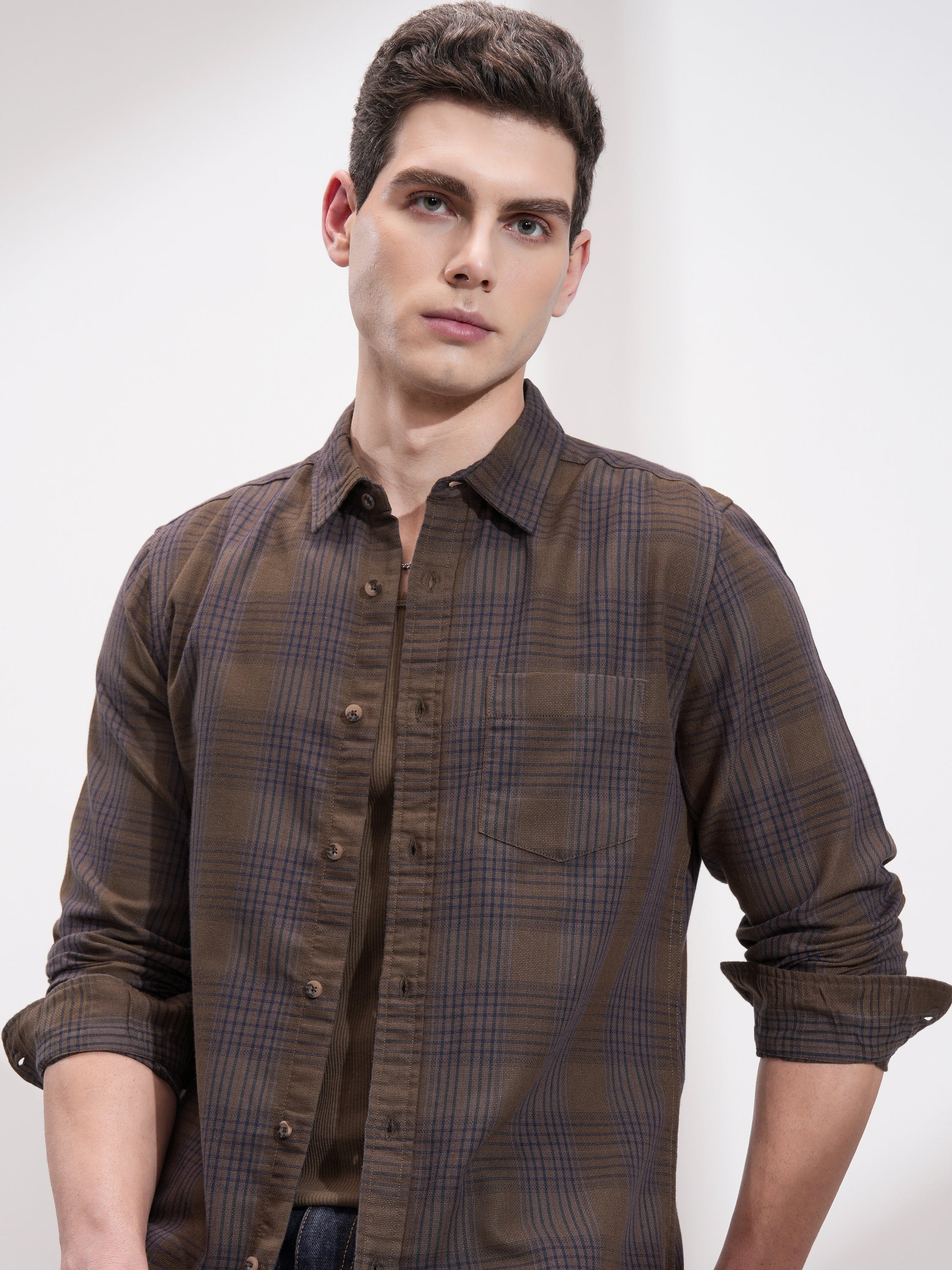 Highlander Men Khaki Checked Slim Fit Casual Shirt - Khaki - Image 1