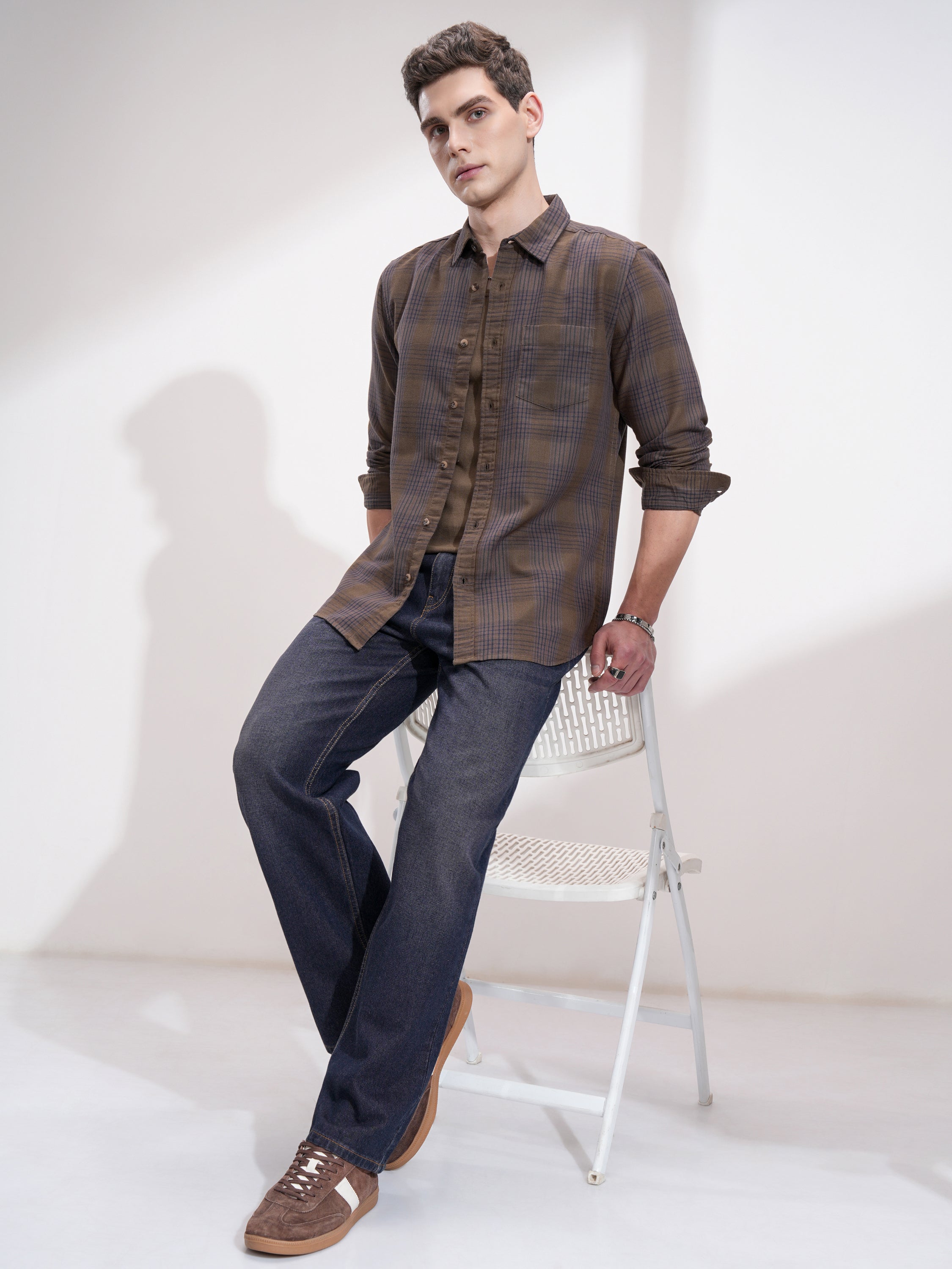Highlander Men Khaki Checked Slim Fit Casual Shirt - Khaki - Image 2