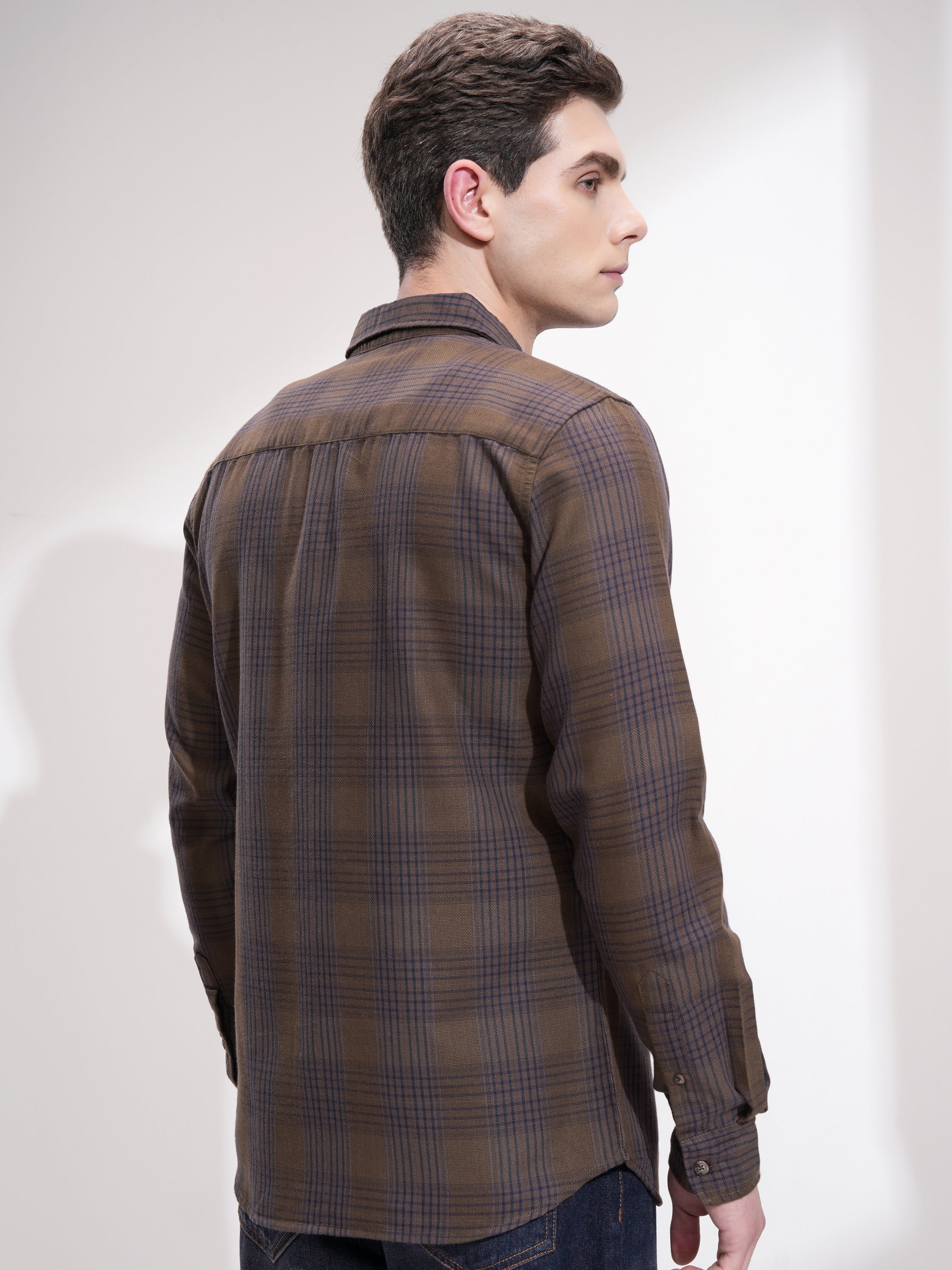 Highlander Men Khaki Checked Slim Fit Casual Shirt - Khaki - Image 3