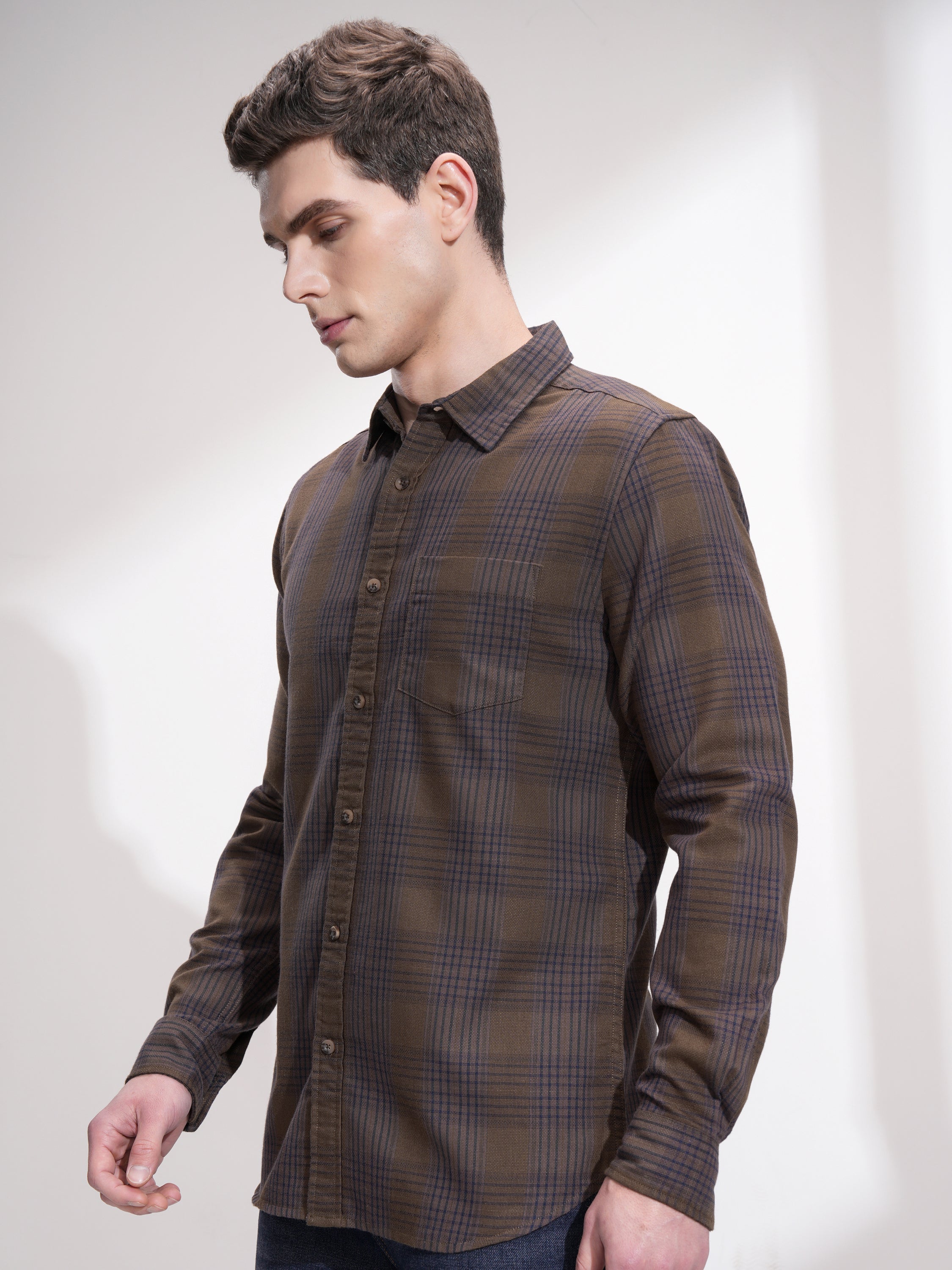 Highlander Men Khaki Checked Slim Fit Casual Shirt - Khaki - Image 4