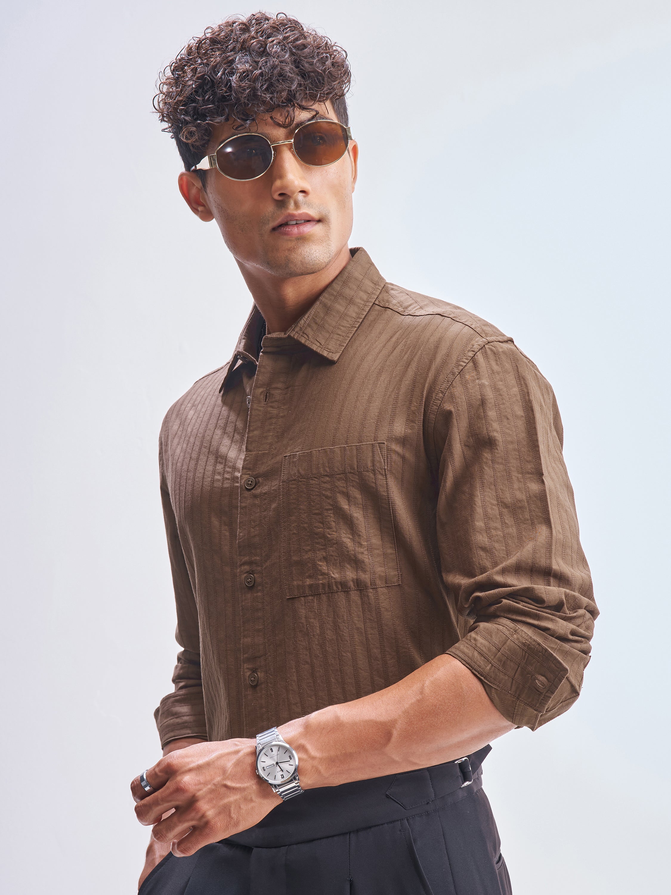 Highlander Men Brown Striped Relaxed Fit Casual Shirt - Brown - Image 4