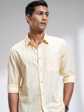 Highlander Men Cream Striped Slim Fit Casual Shirt - Cream - Image 1