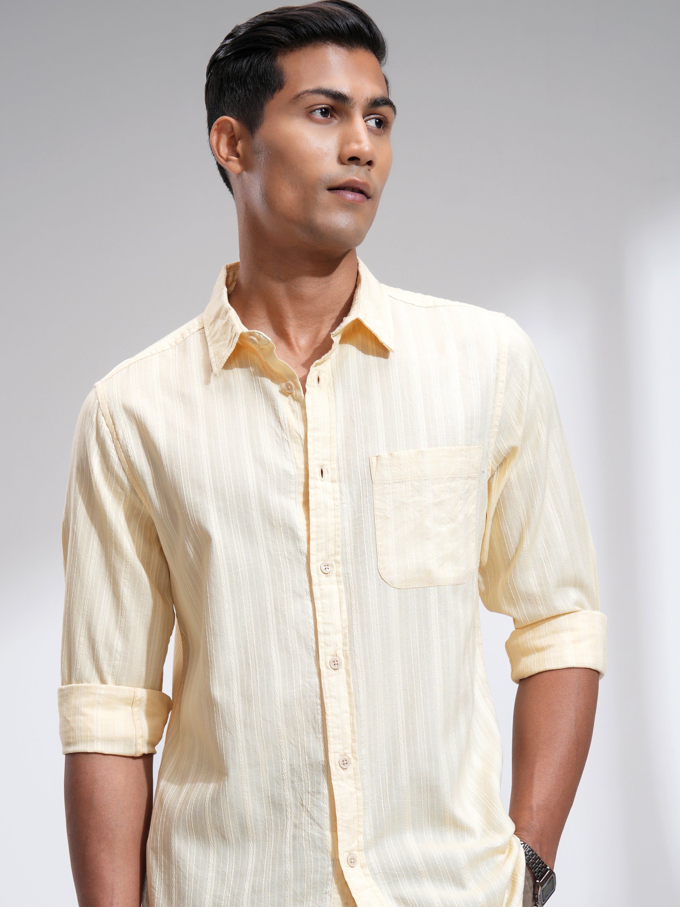 Highlander Men Cream Striped Slim Fit Casual Shirt - Cream - Image 1