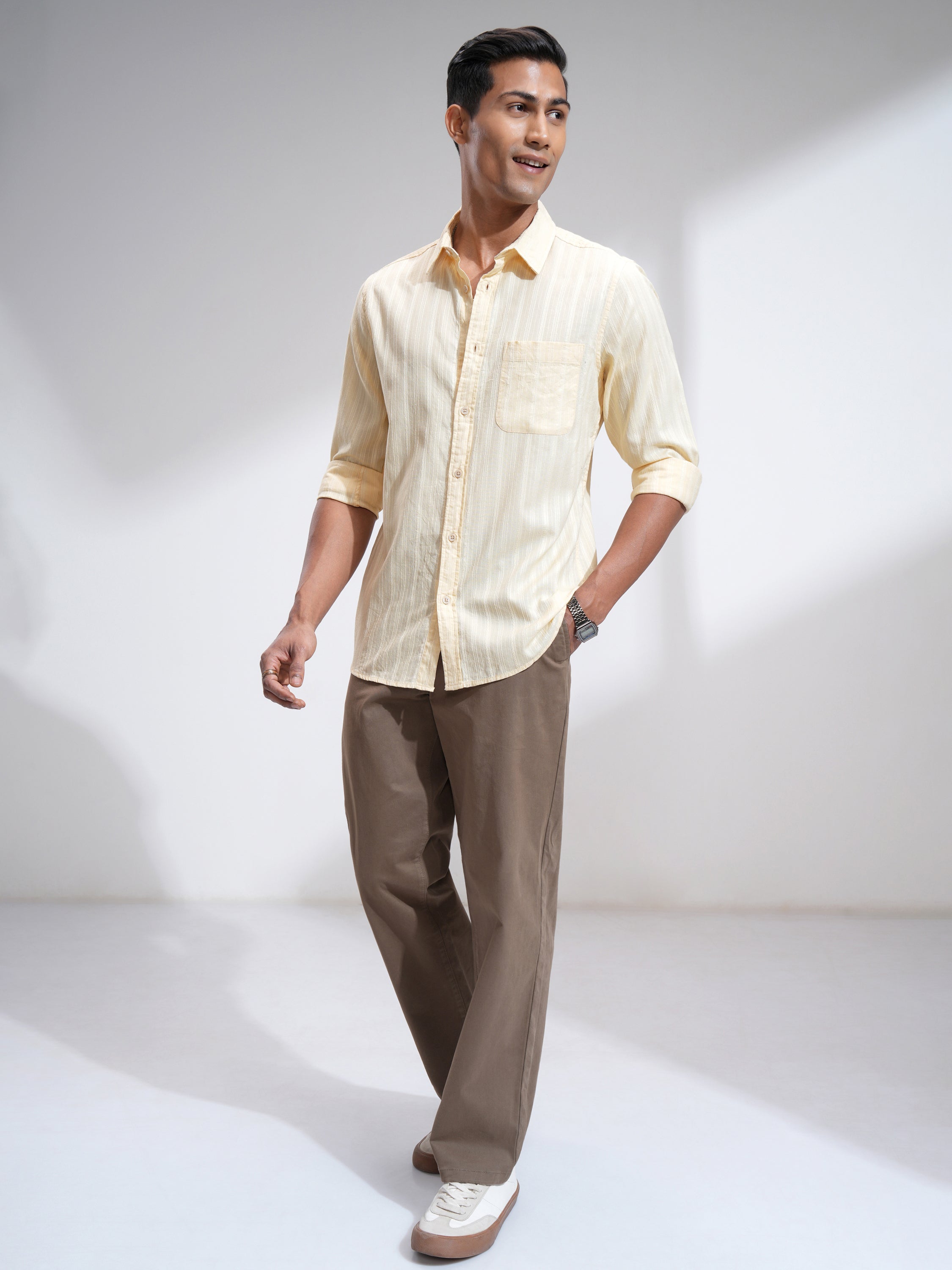 Highlander Men Cream Striped Slim Fit Casual Shirt - Cream - Image 2