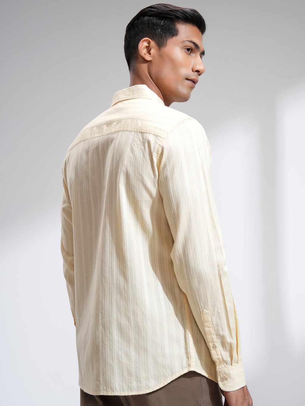 Highlander Men Cream Striped Slim Fit Casual Shirt - Cream - Image 3