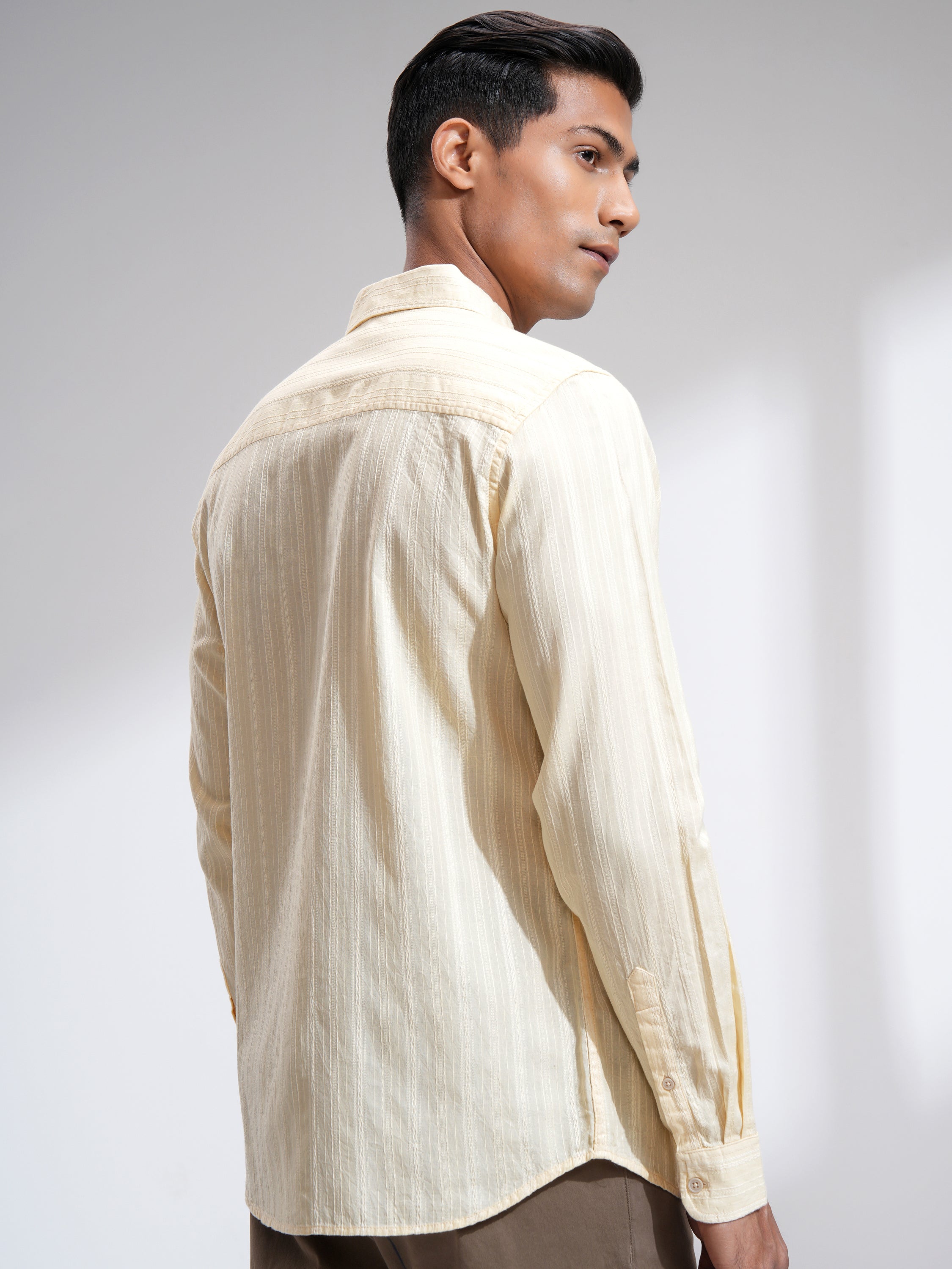 Highlander Men Cream Striped Slim Fit Casual Shirt - Cream - Image 3