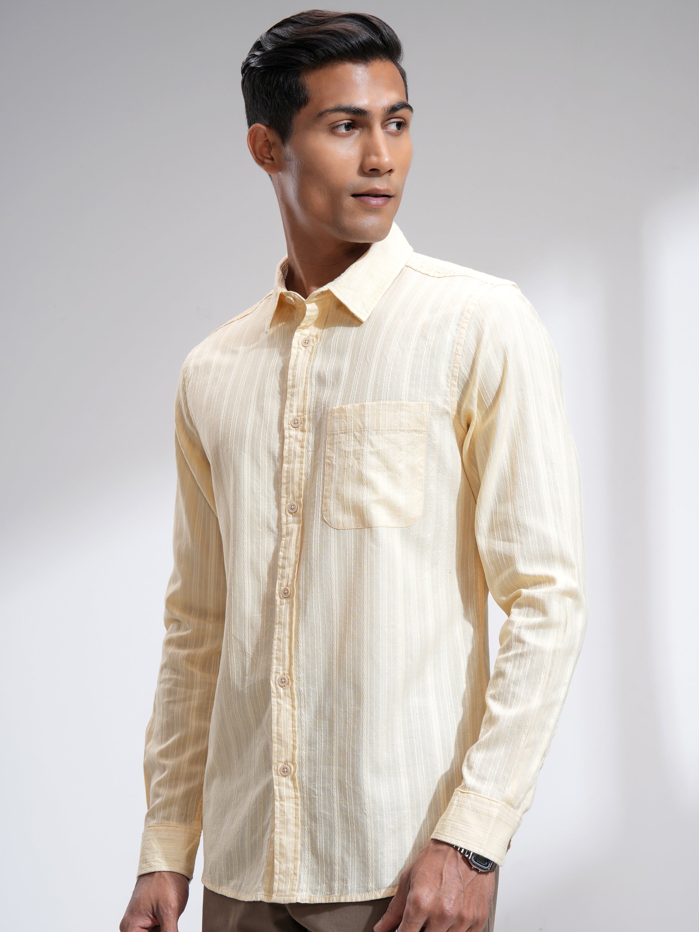 Highlander Men Cream Striped Slim Fit Casual Shirt - Cream - Image 4