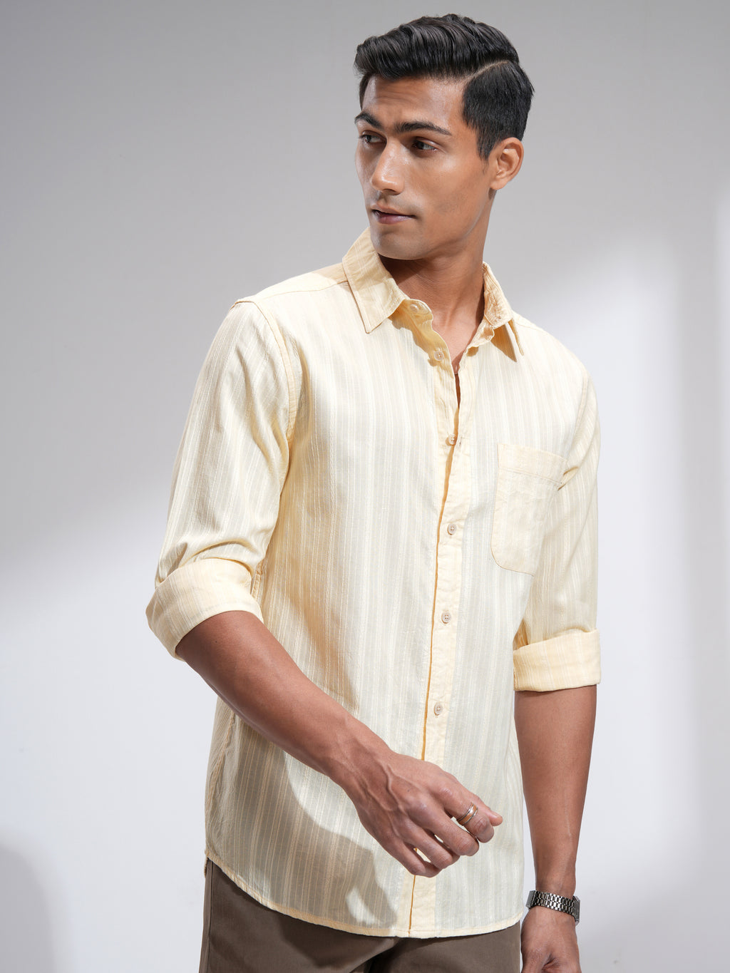 Highlander Men Cream Striped Slim Fit Casual Shirt - Cream - Image 6